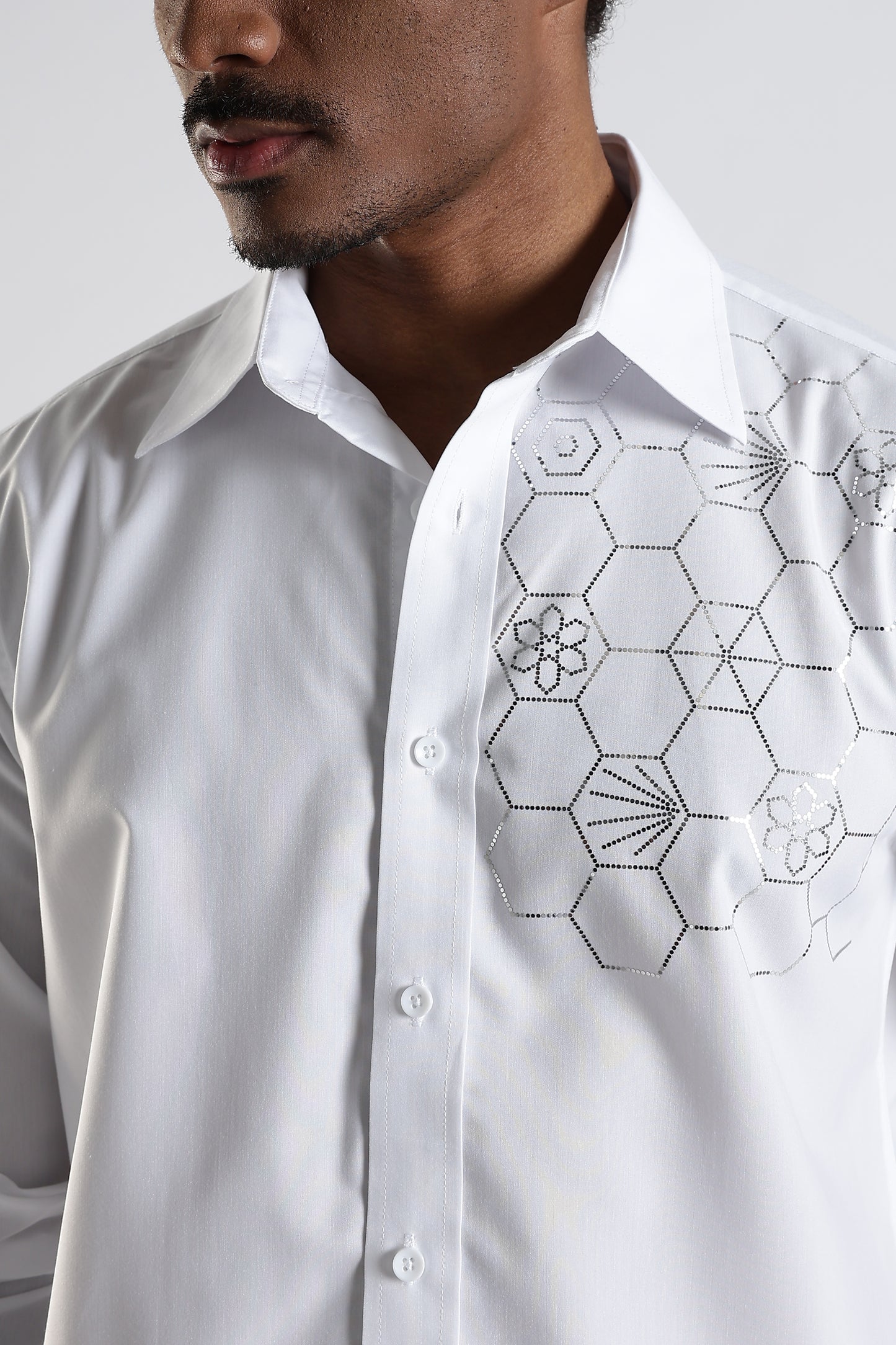 Regular Fit White Stone Design Embroidery Shirt