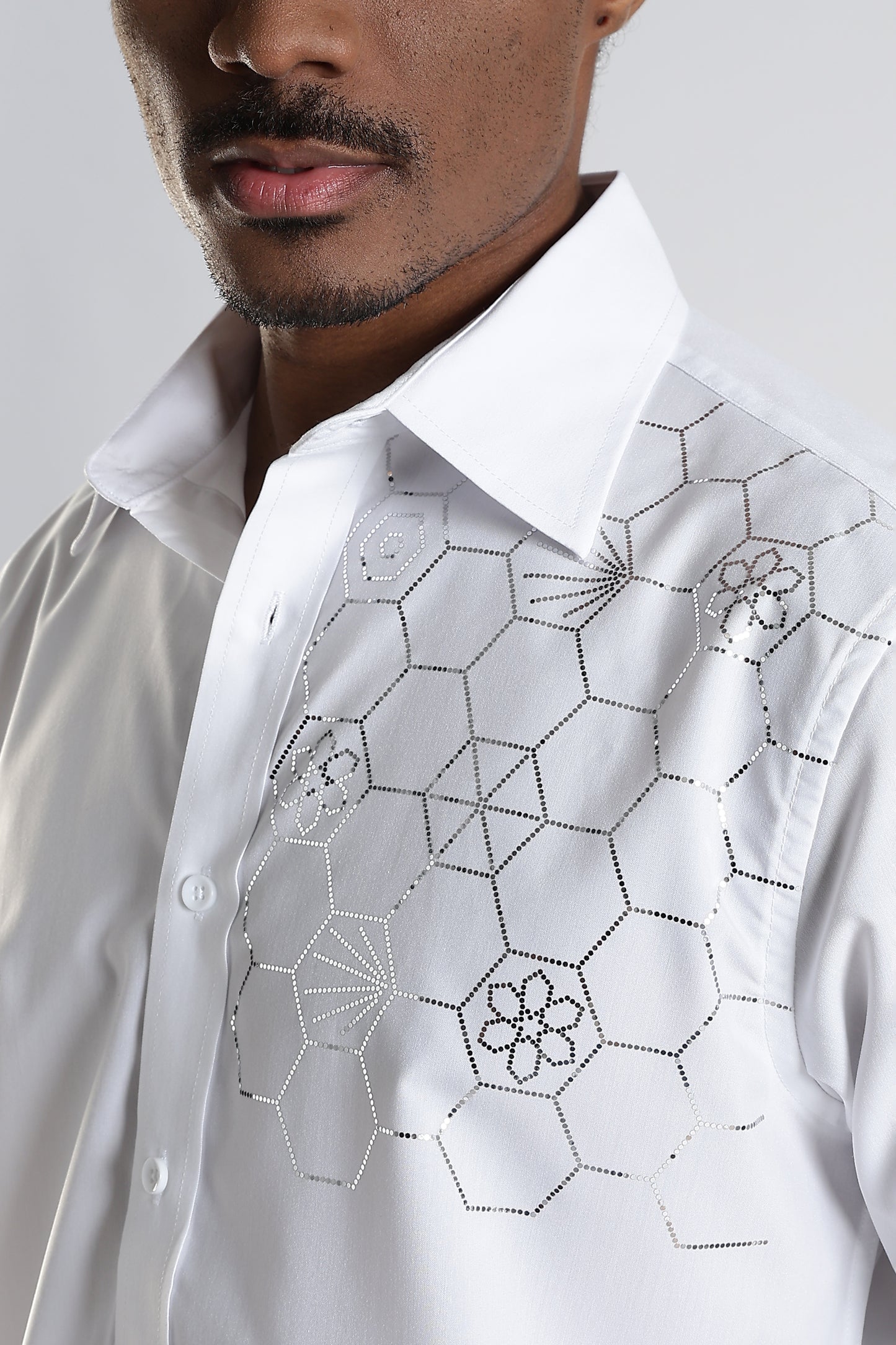 Regular Fit White Stone Design Embroidery Shirt