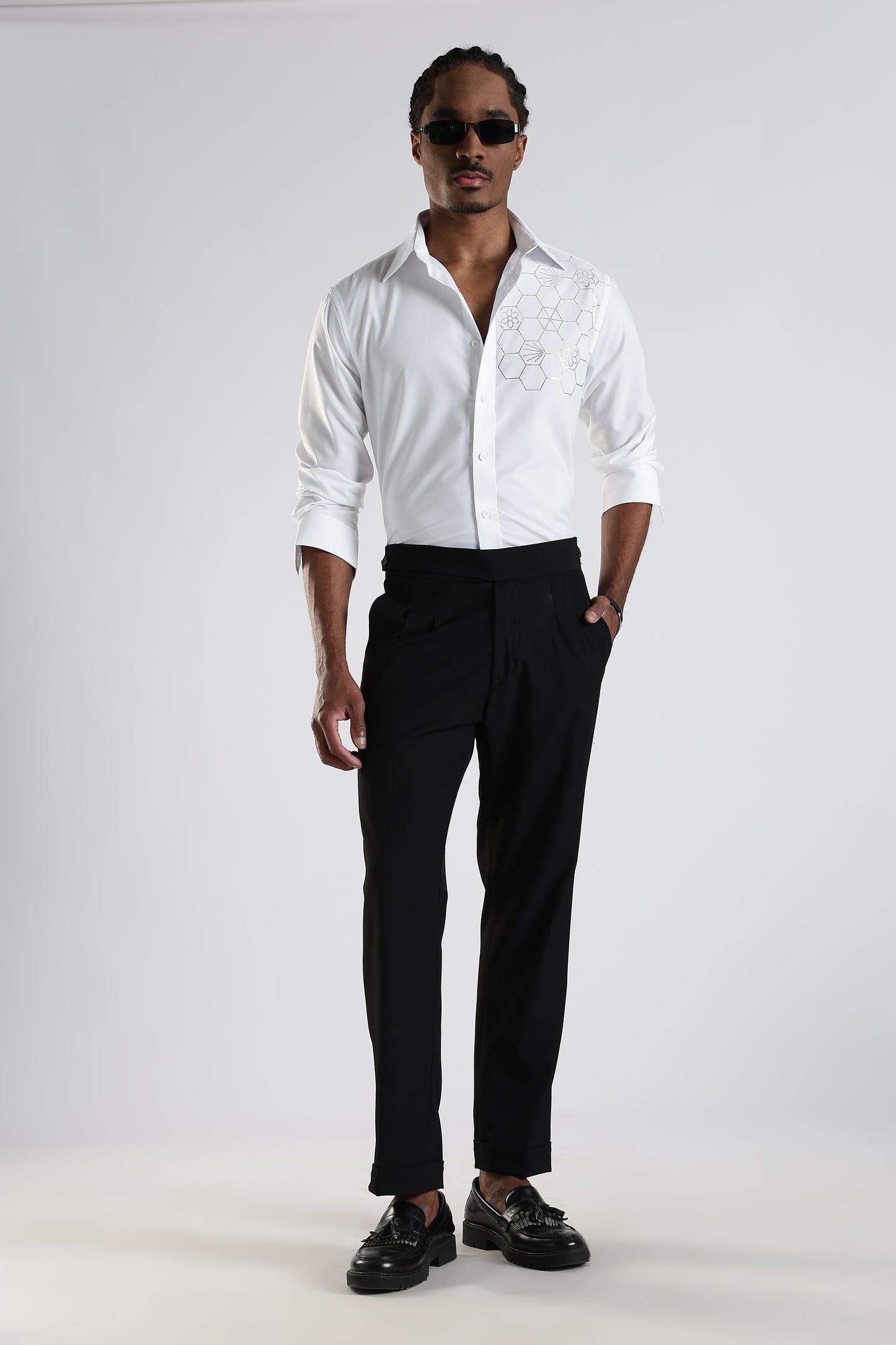 Regular Fit White Stone Design Embroidery Shirt