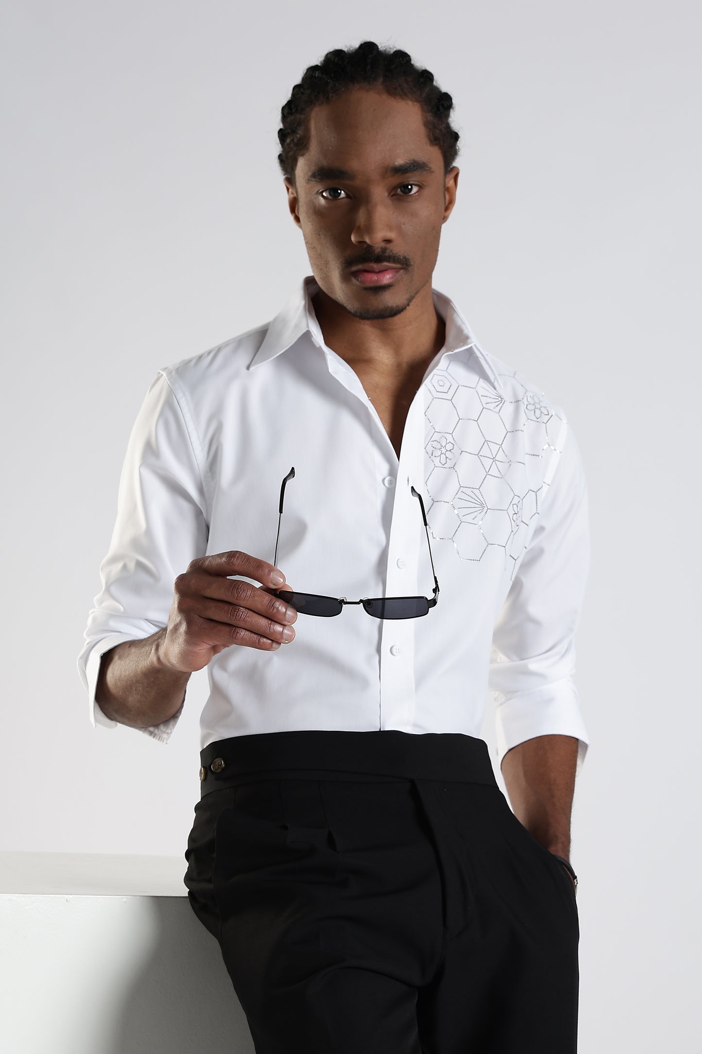 Regular Fit White Stone Design Embroidery Shirt