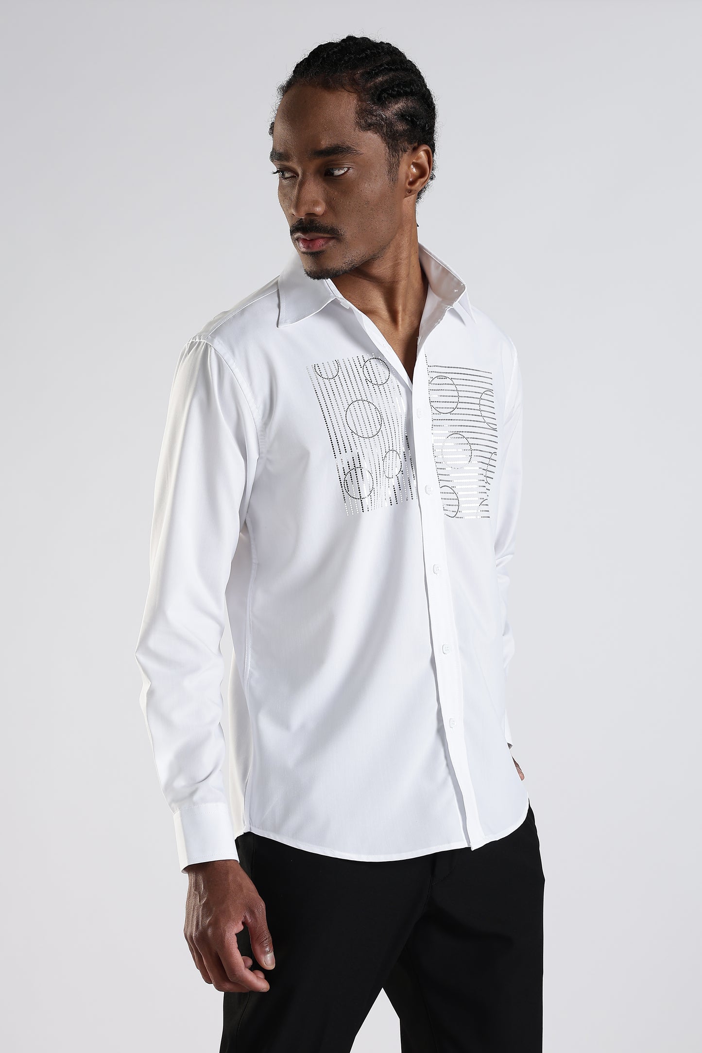 Regular Fit Stone Designer White Shirt