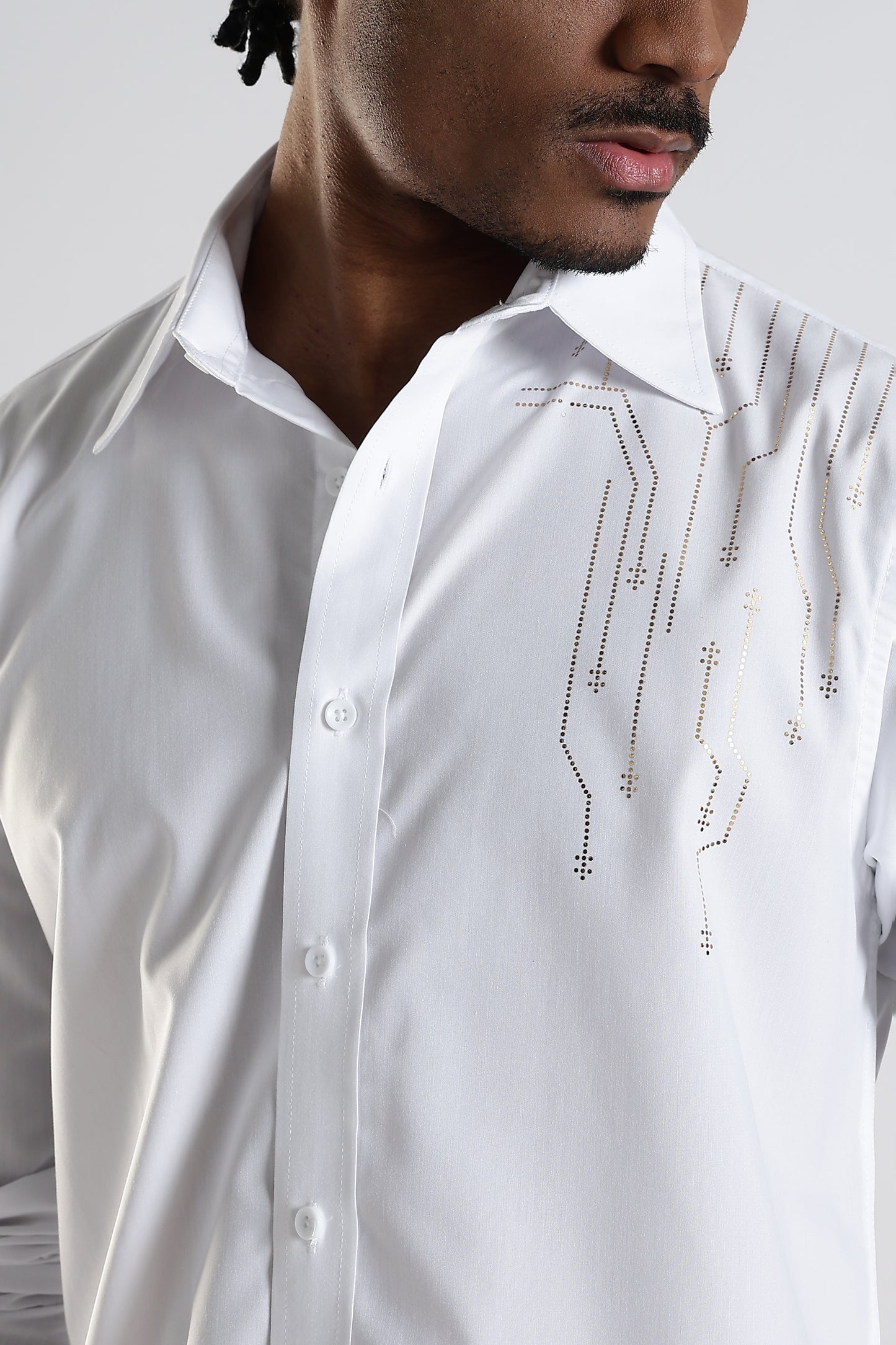 Regular Fit White Embroidery Stone Design Shirt
