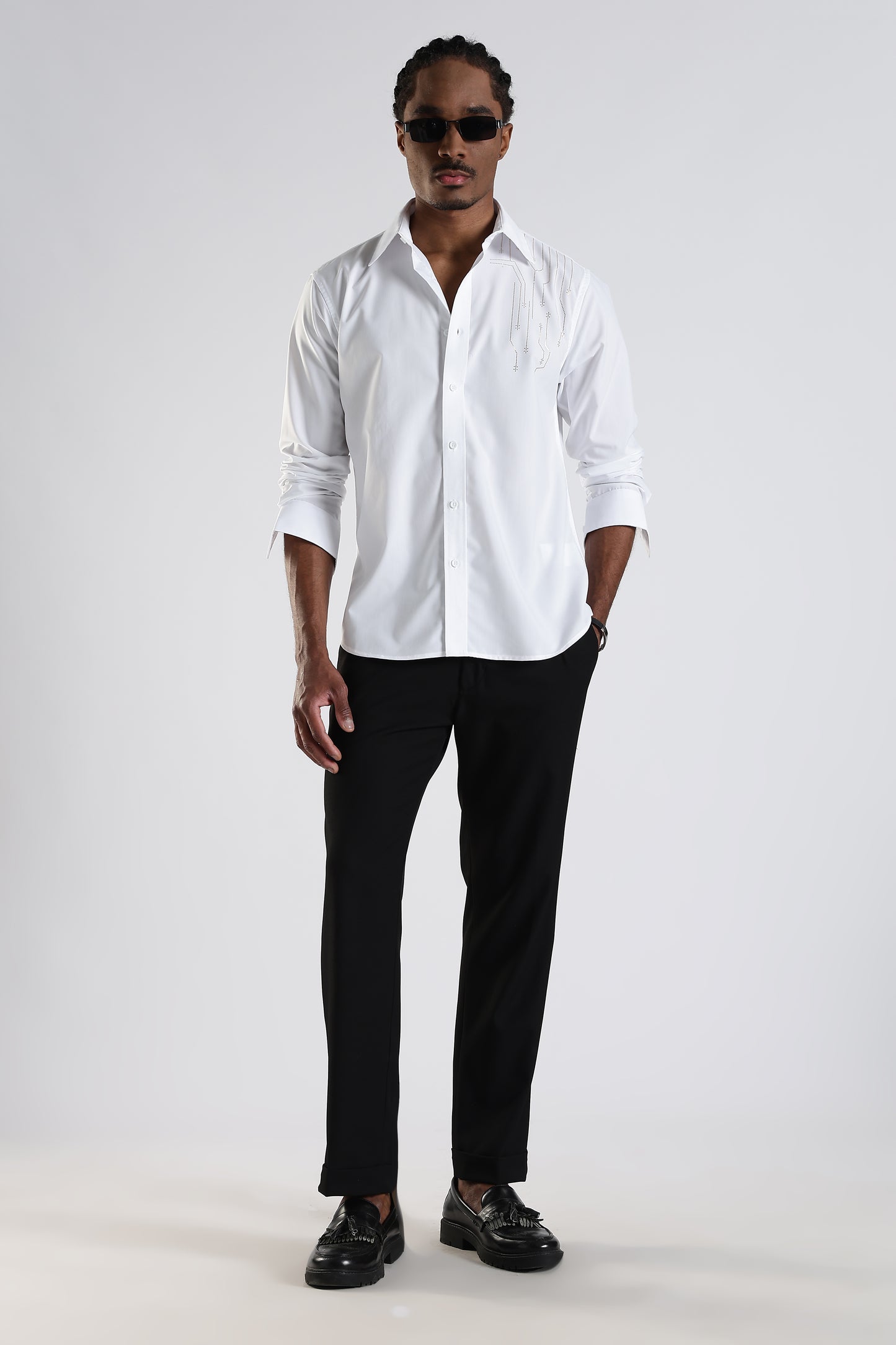Regular Fit White Embroidery Stone Design Shirt