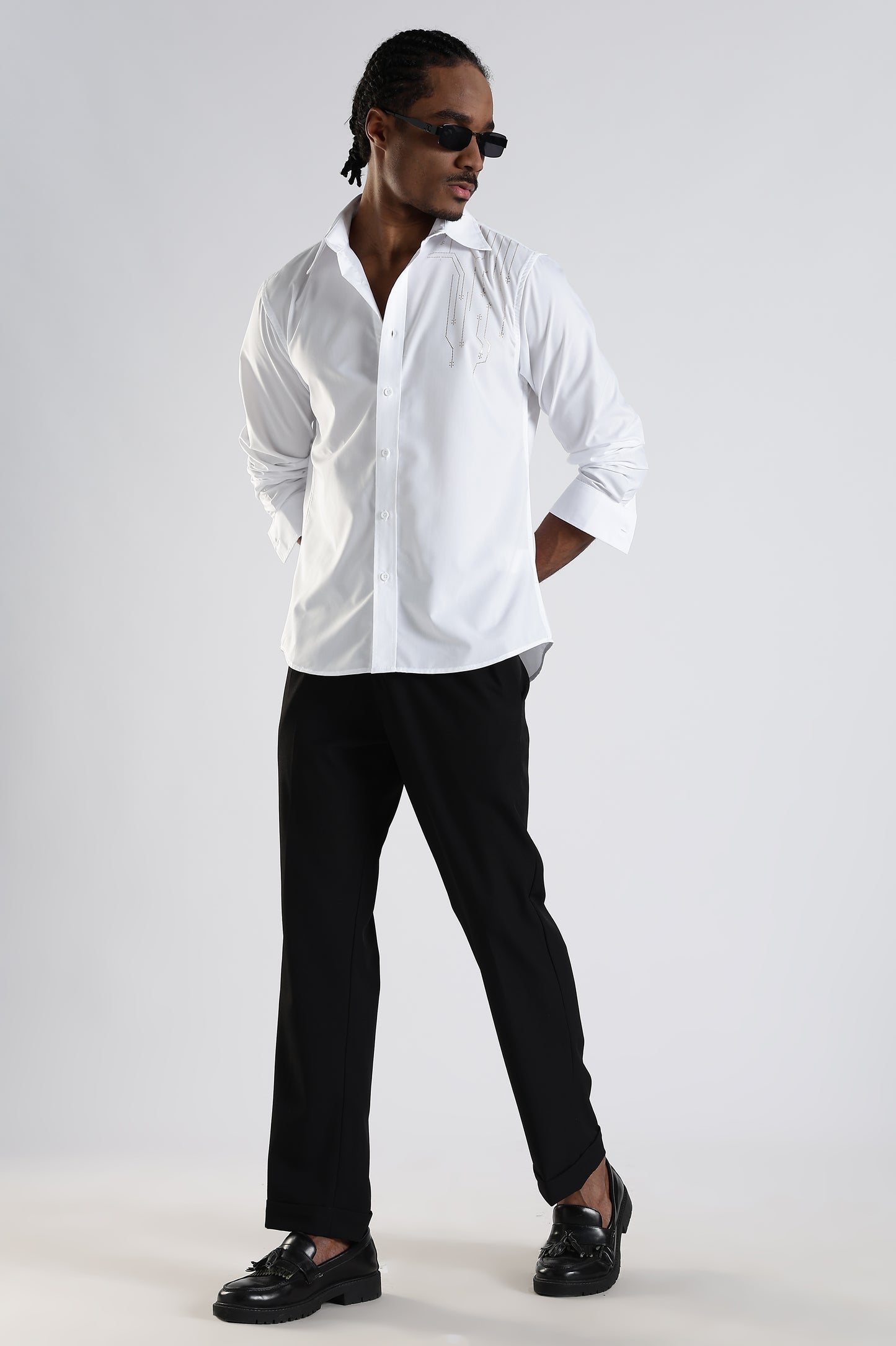 Regular Fit White Embroidery Stone Design Shirt