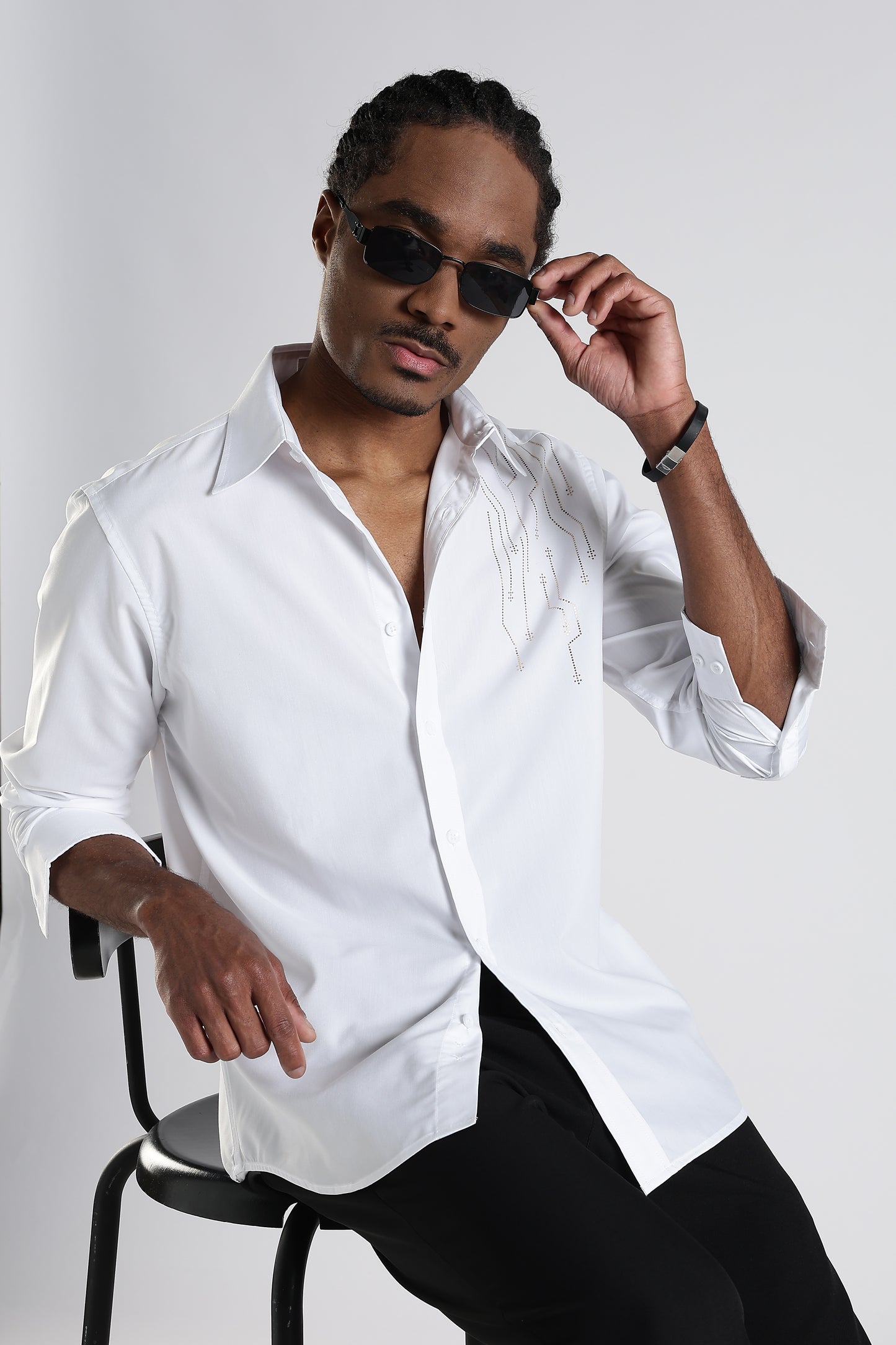 Regular Fit White Embroidery Stone Design Shirt