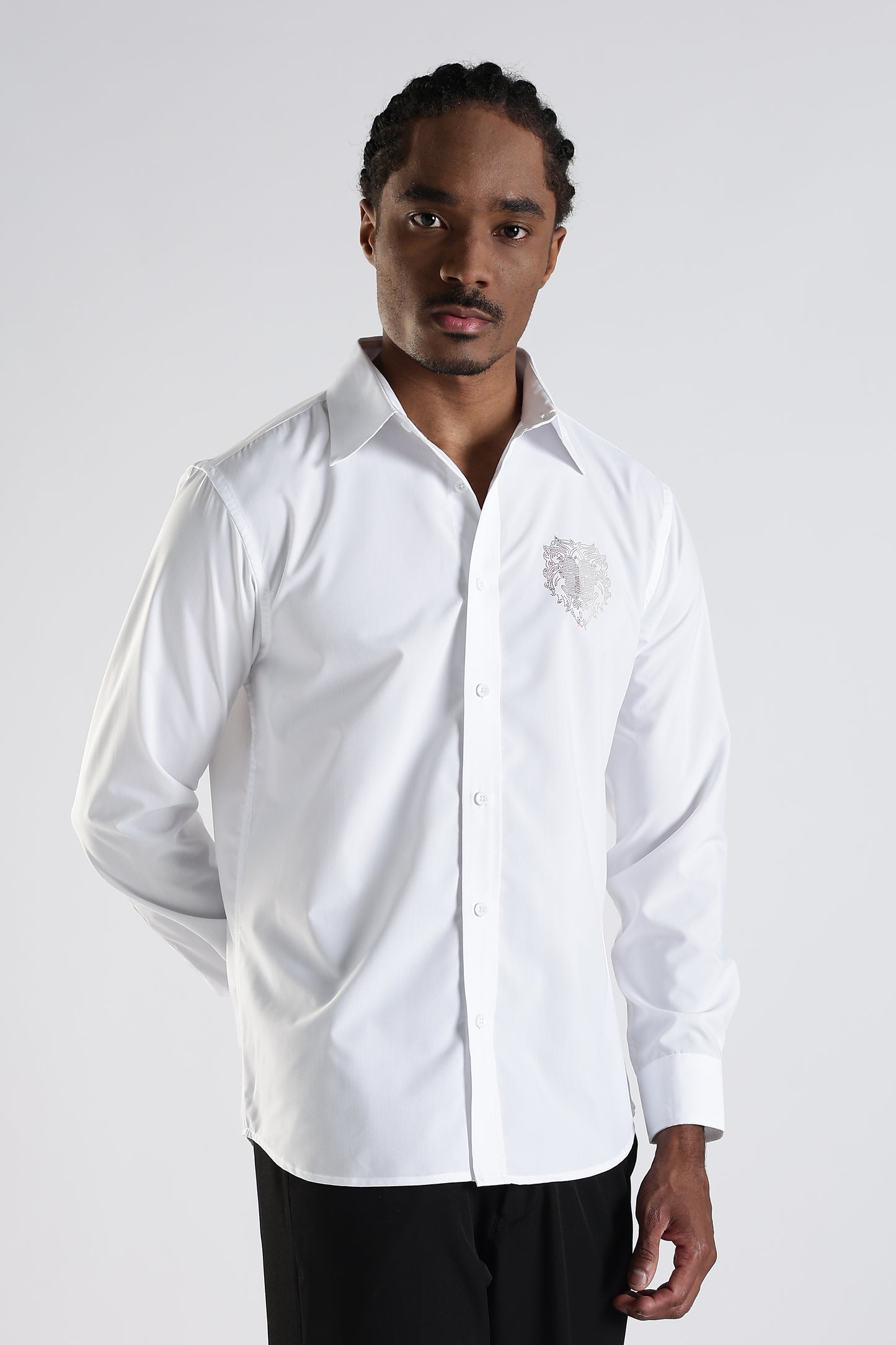 Regular Fit White Embroidery Stone Designer Shirt