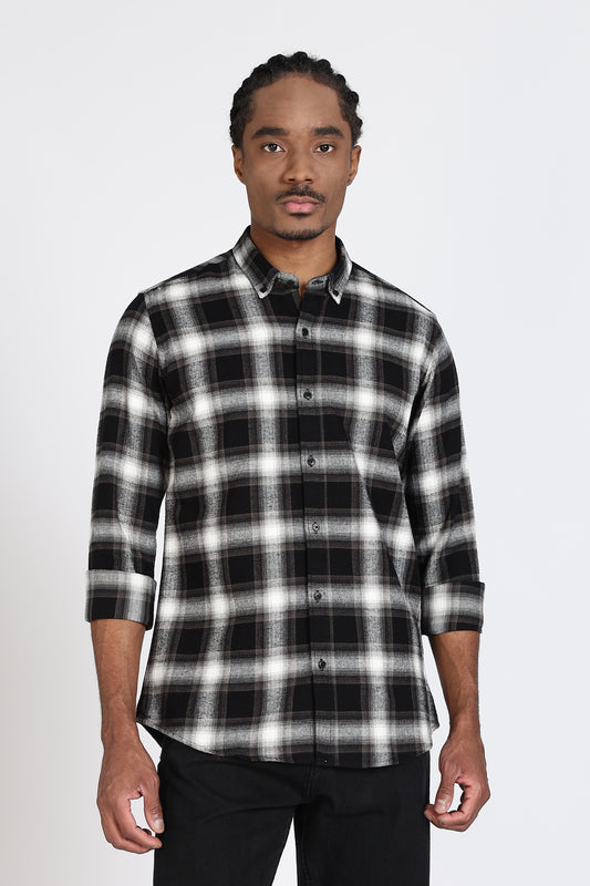 Regular Fit Black Windowpane Checked Casual Shirt