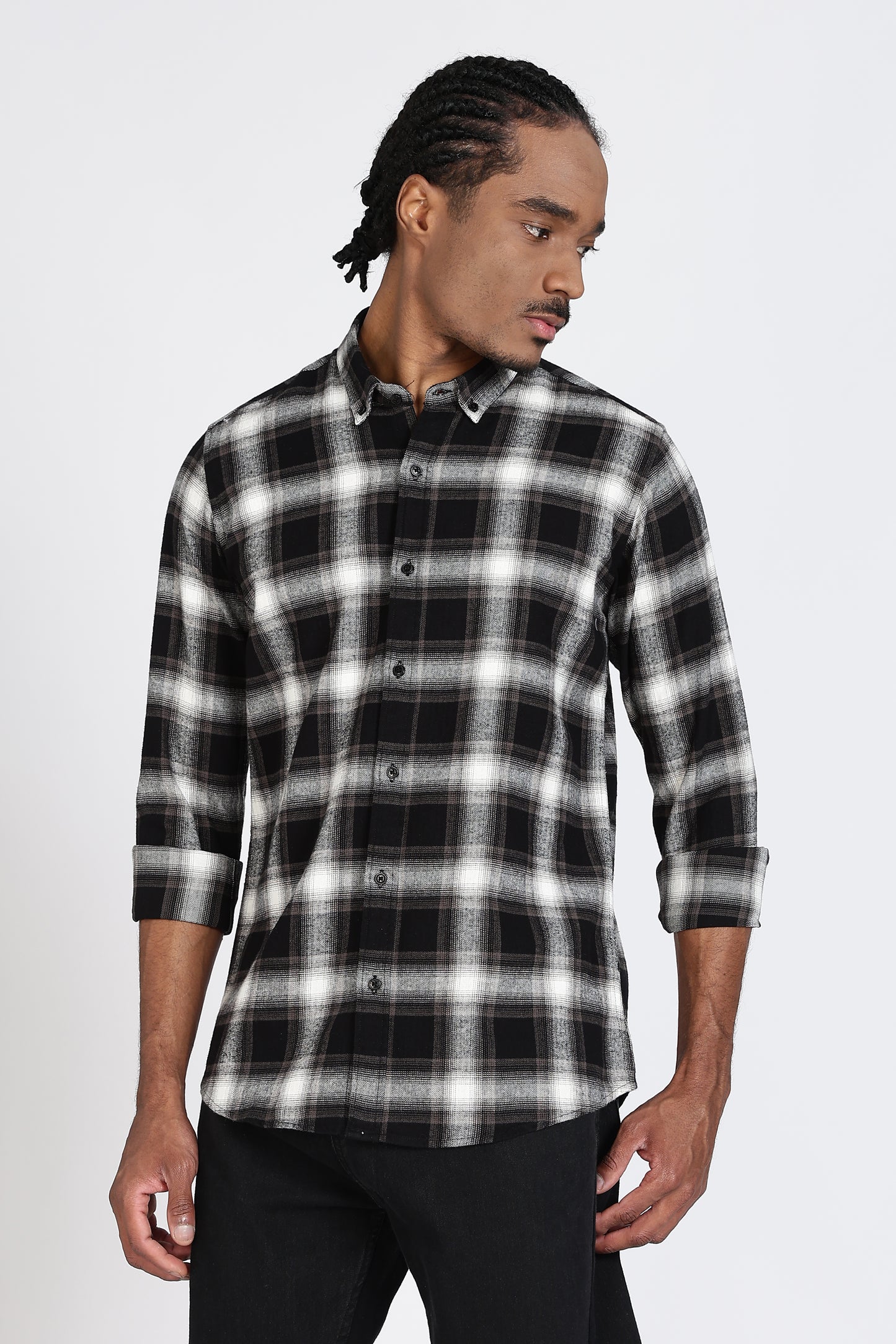 Regular Fit Black Windowpane Checked Casual Shirt