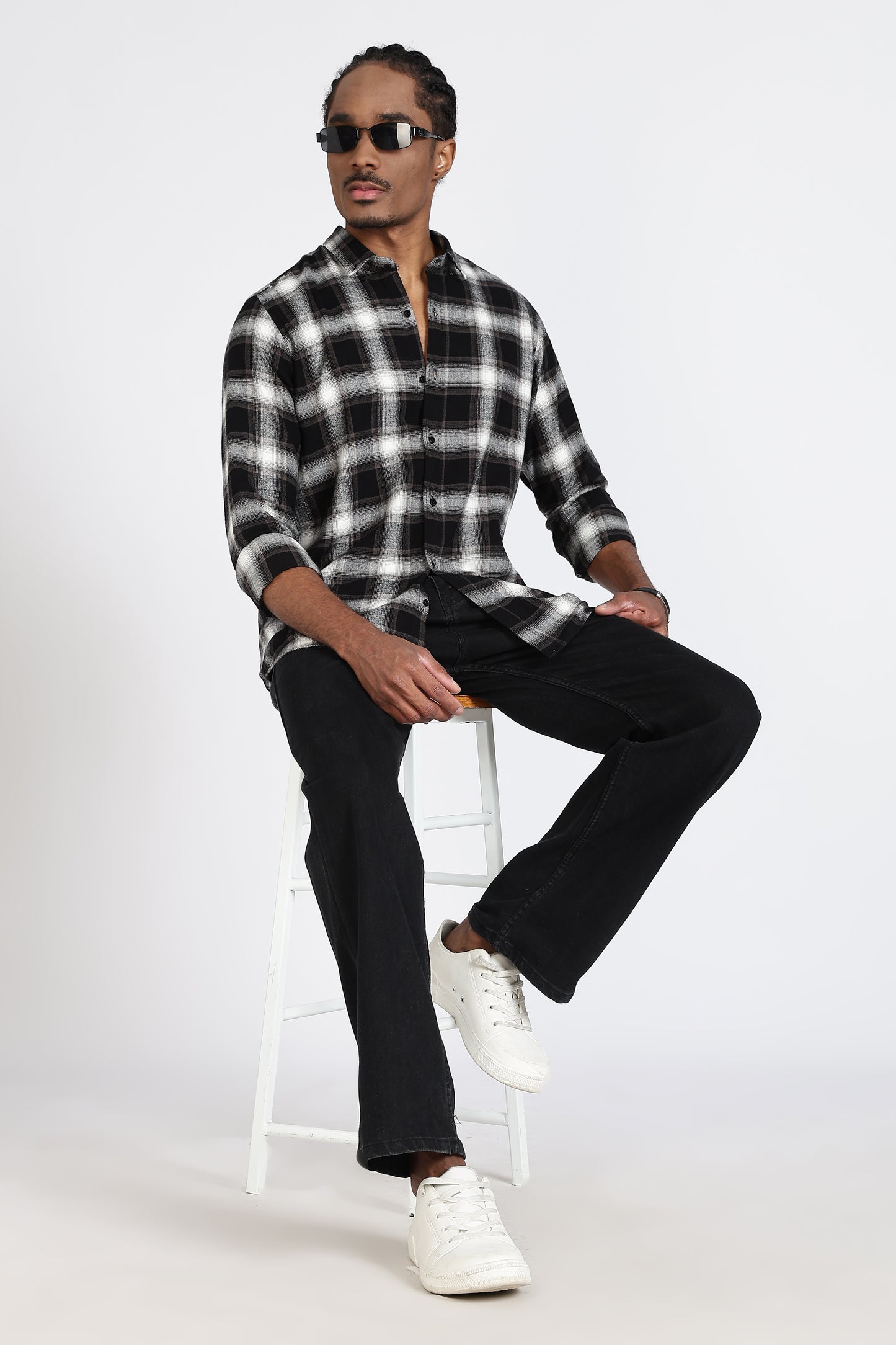 Regular Fit Black Windowpane Checked Casual Shirt