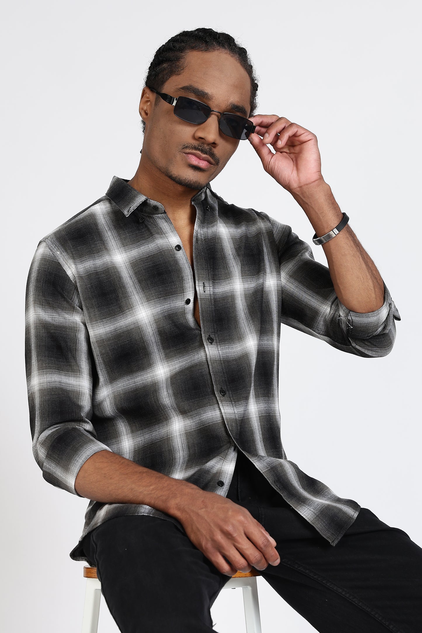 Regular Fit Checkered Design Cotton Black & White Shirt