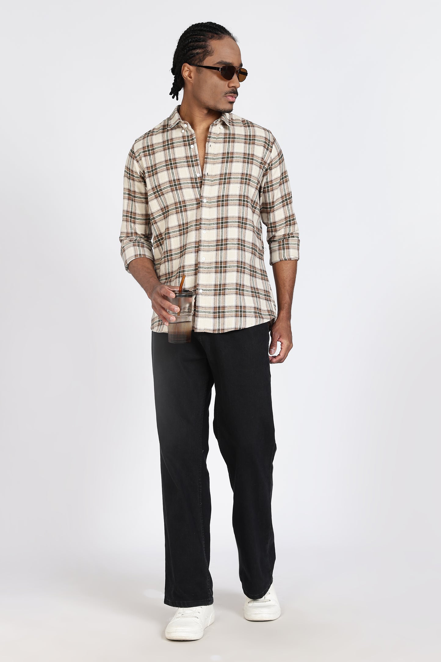 Regular Fit Beige Tartan Checked Shirt