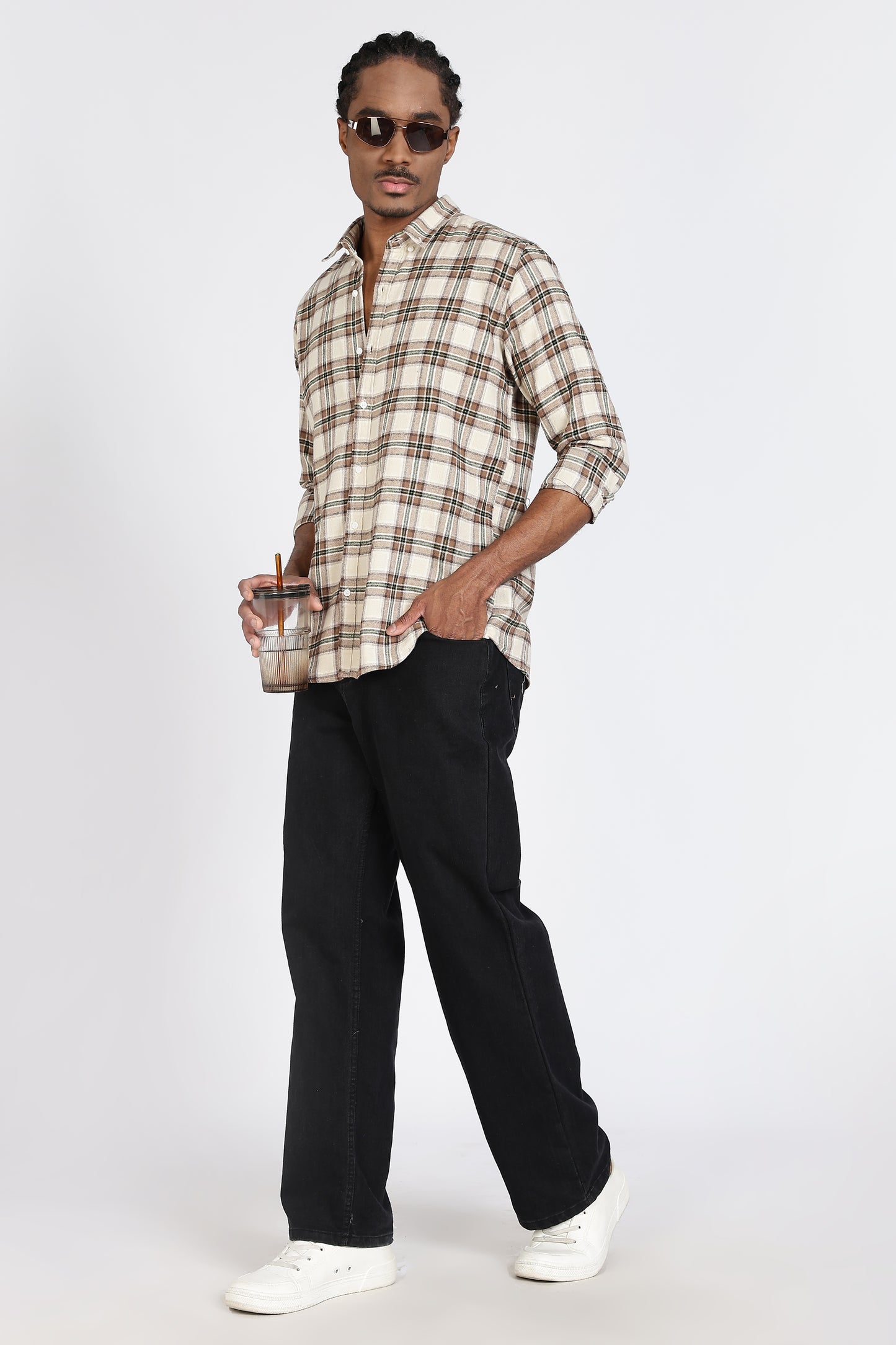 Regular Fit Beige Tartan Checked Shirt