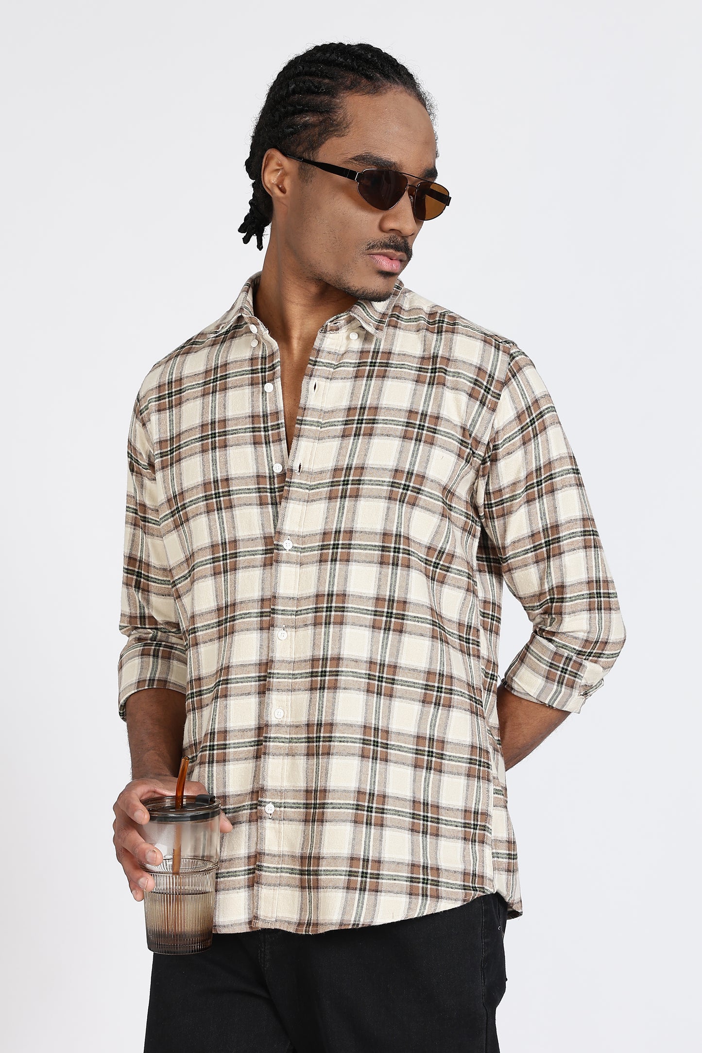 Regular Fit Beige Tartan Checked Shirt
