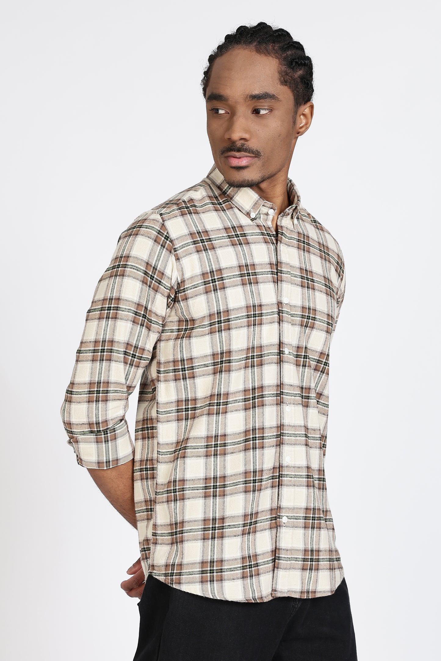 Regular Fit Beige Tartan Checked Shirt