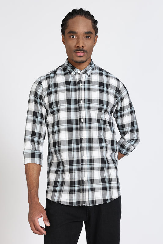 Regular Fit White Shirt with Black & Grey Tartan Checks