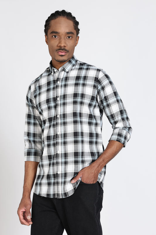 Regular Fit White Shirt with Black & Grey Tartan Checks