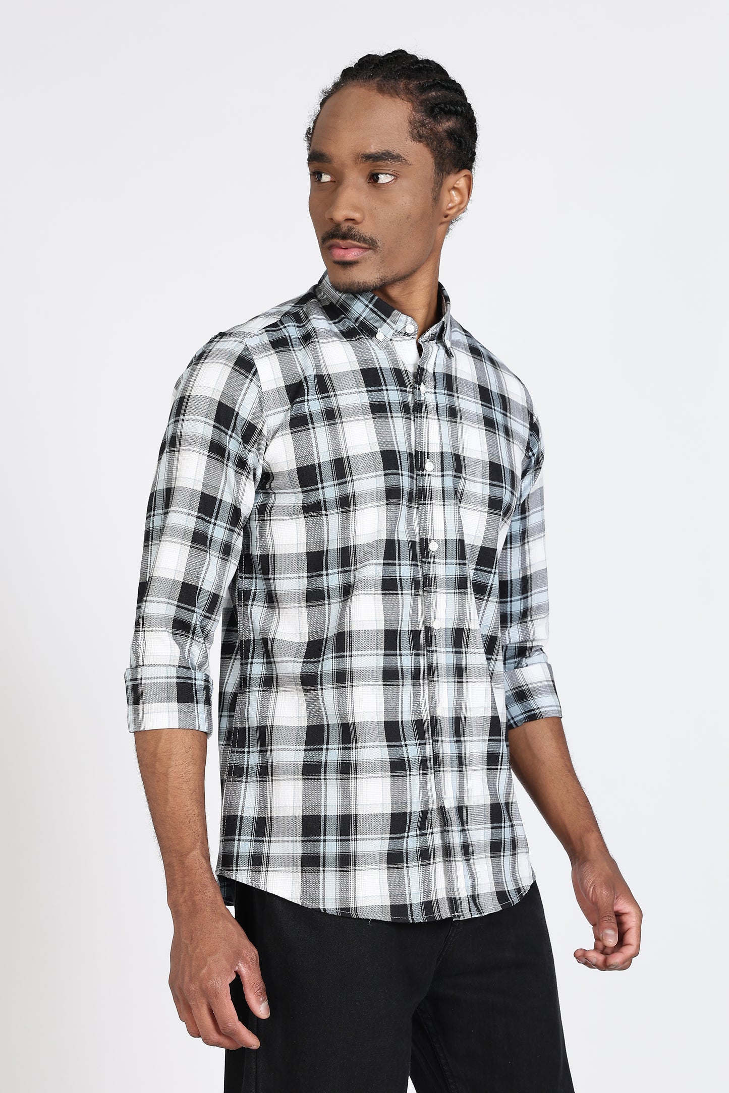 Regular Fit White Shirt with Black & Grey Tartan Checks
