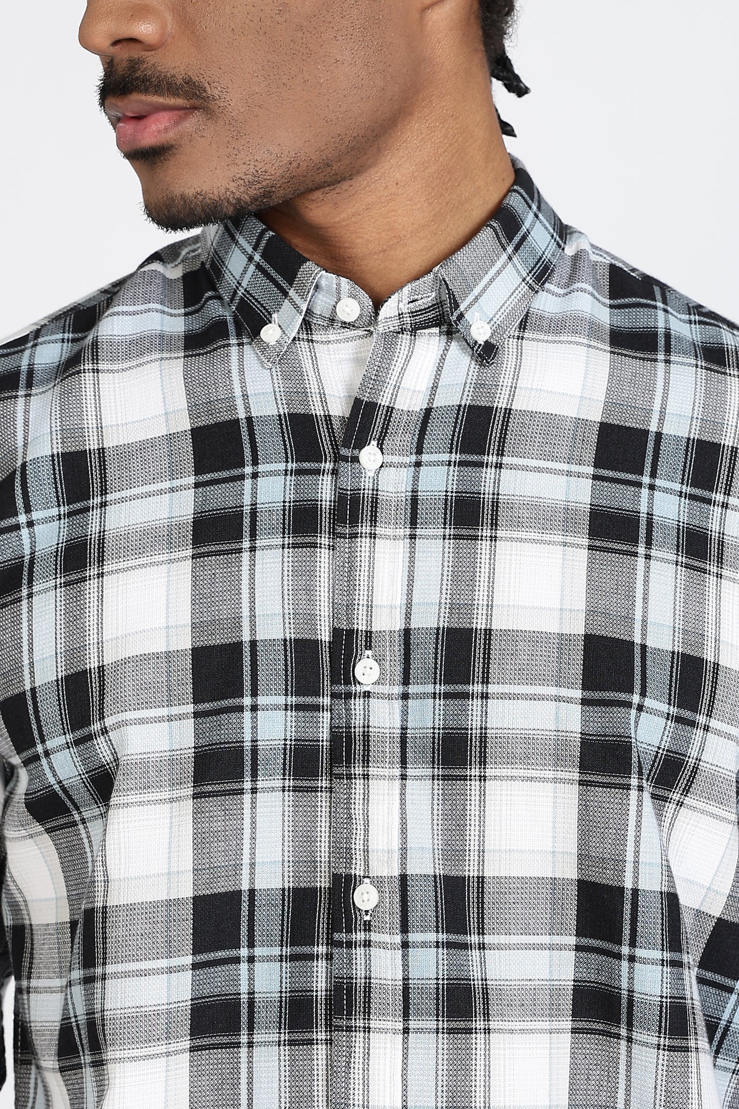Regular Fit White Shirt with Black & Grey Tartan Checks