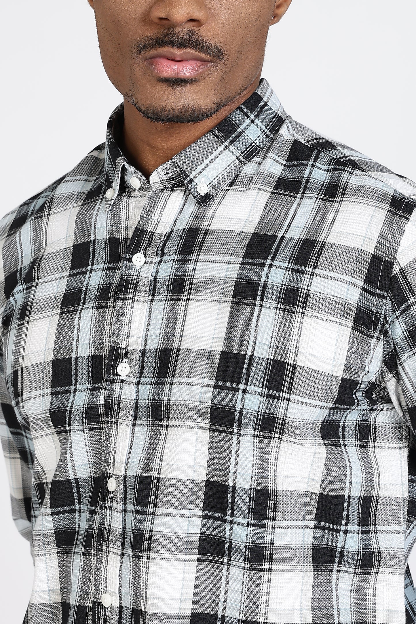 Regular Fit White Shirt with Black & Grey Tartan Checks