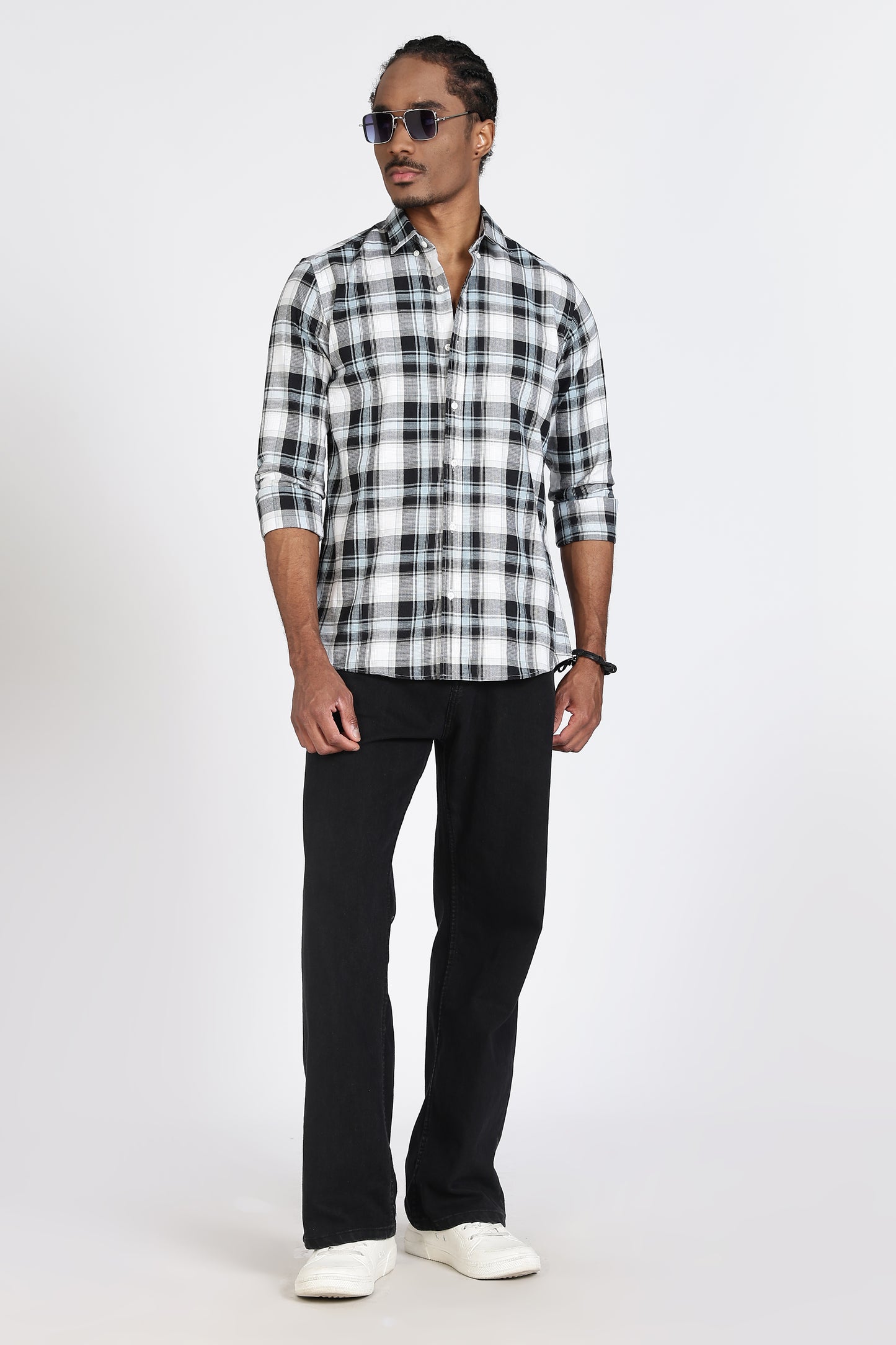 Regular Fit White Shirt with Black & Grey Tartan Checks