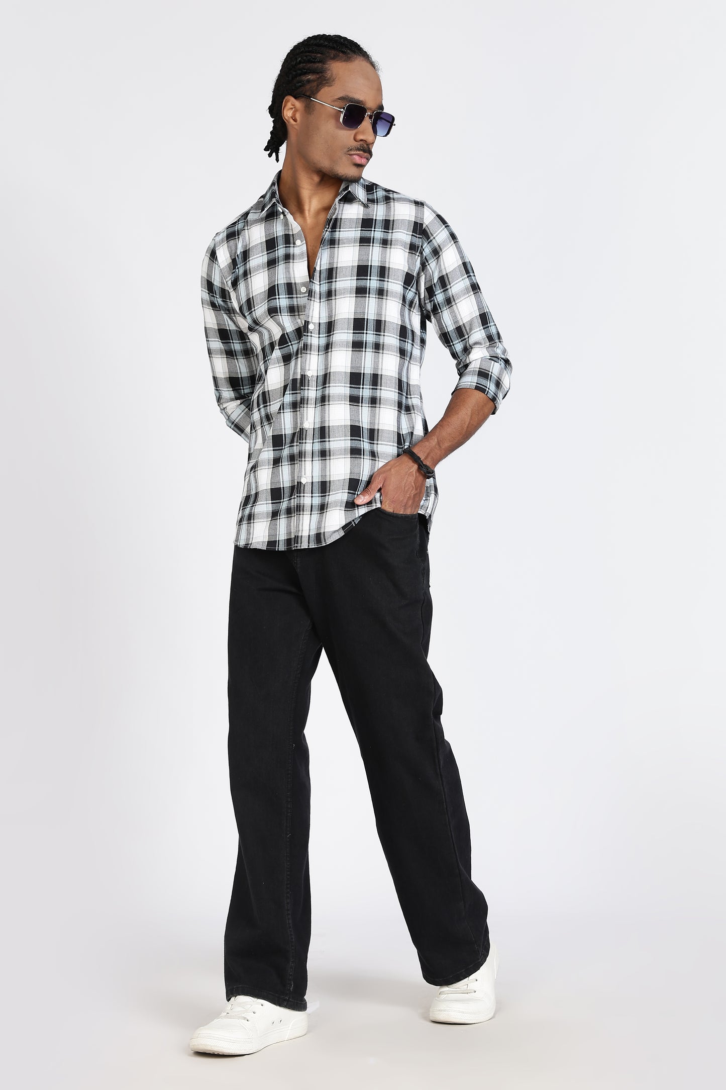 Regular Fit White Shirt with Black & Grey Tartan Checks