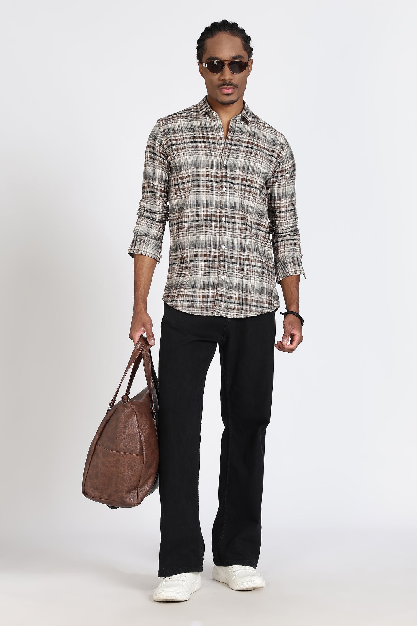 Regular Fit Beige Tartan Checked Casual Shirt