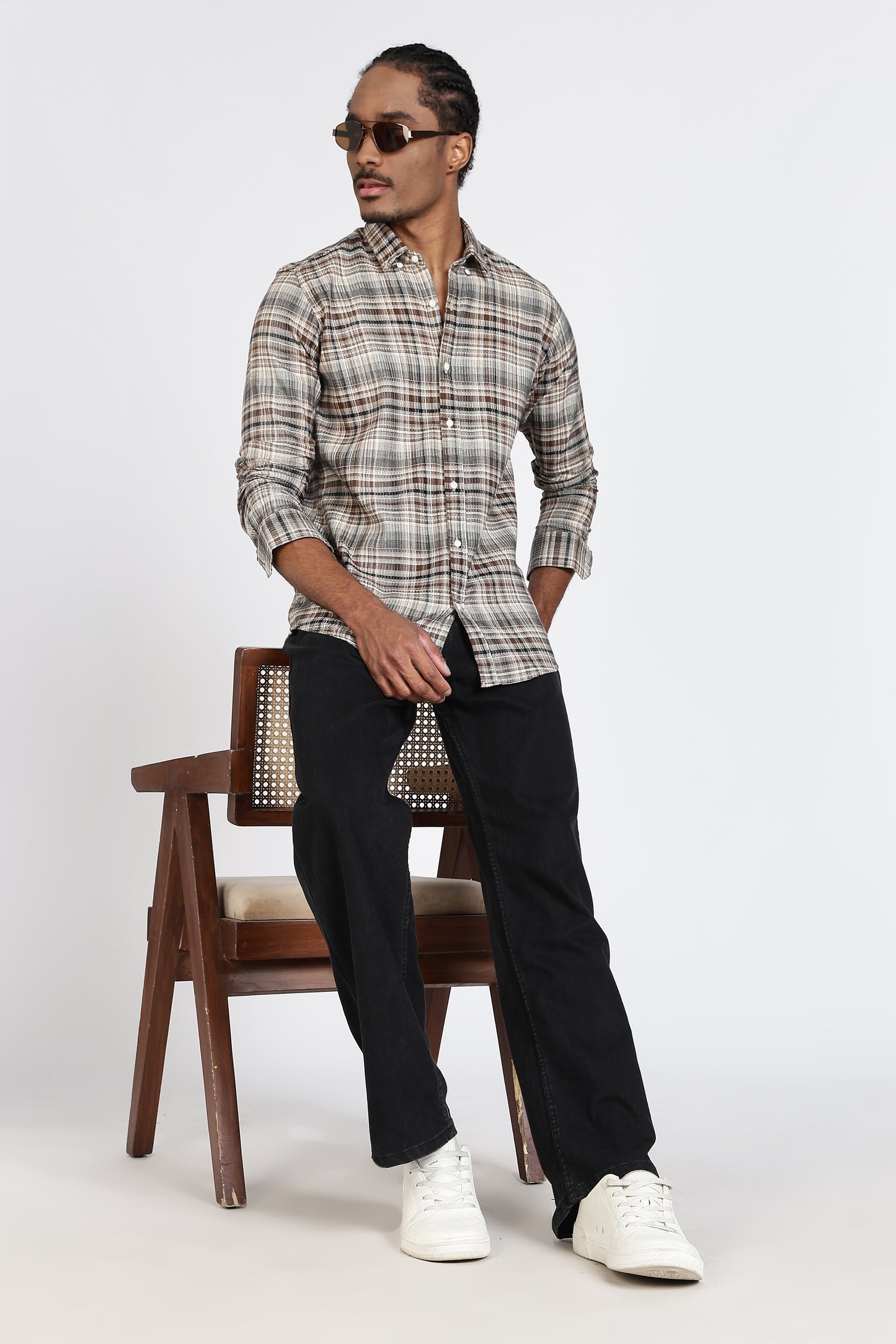Regular Fit Beige Tartan Checked Casual Shirt