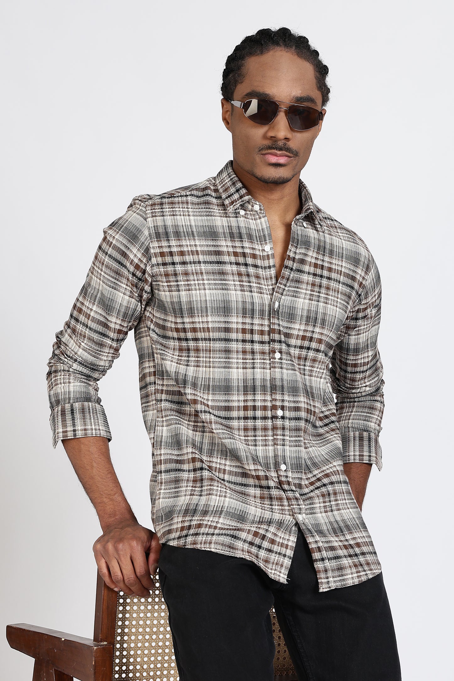 Regular Fit Beige Tartan Checked Casual Shirt