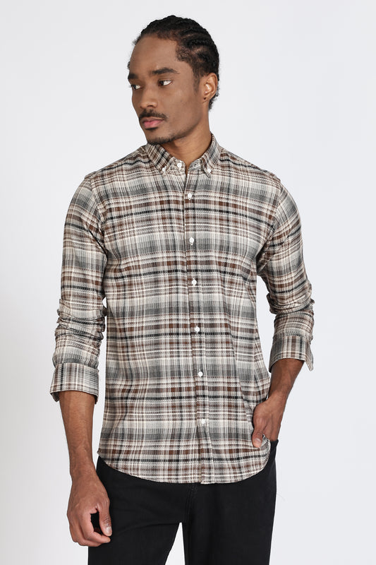 Regular Fit Beige Tartan Checked Casual Shirt