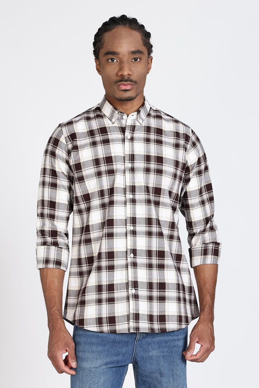Regular Fit White Shirt with Brown & Black Tartan Checks