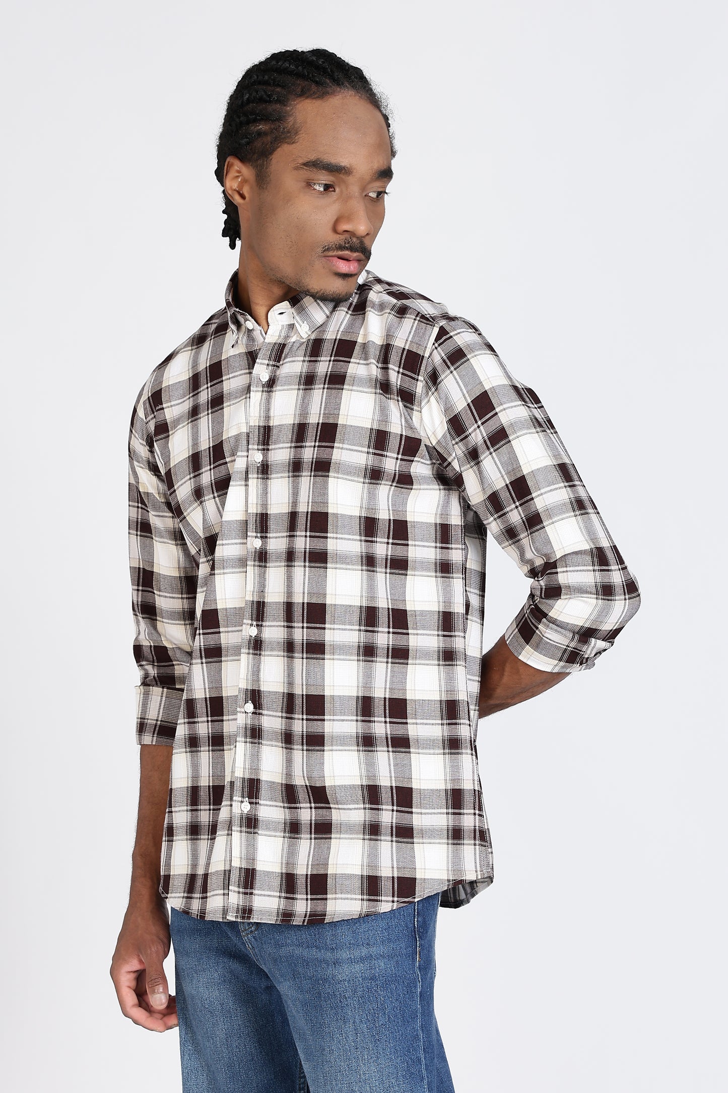 Regular Fit White Shirt with Brown & Black Tartan Checks