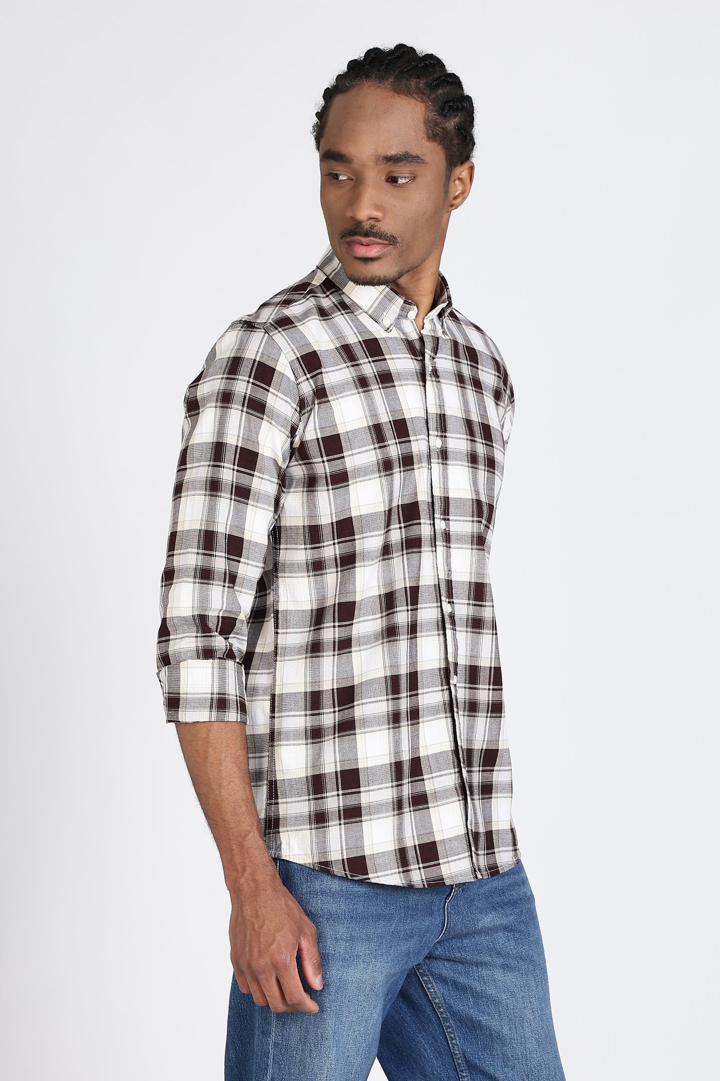 Regular Fit White Shirt with Brown & Black Tartan Checks