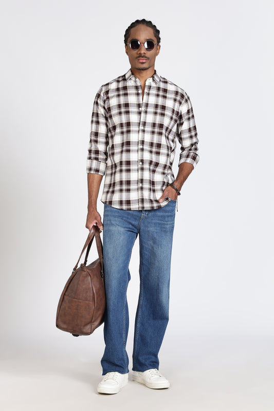 Regular Fit White Shirt with Brown & Black Tartan Checks