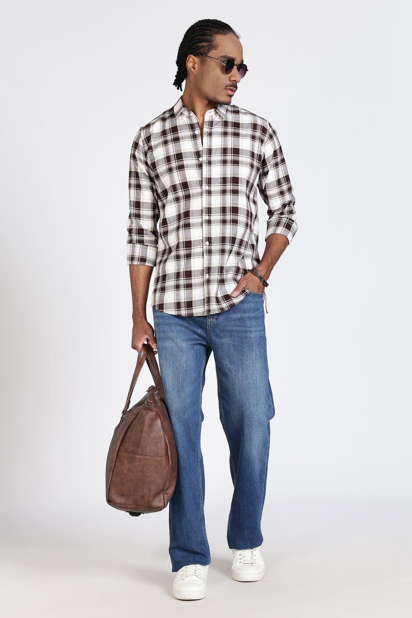 Regular Fit White Shirt with Brown & Black Tartan Checks