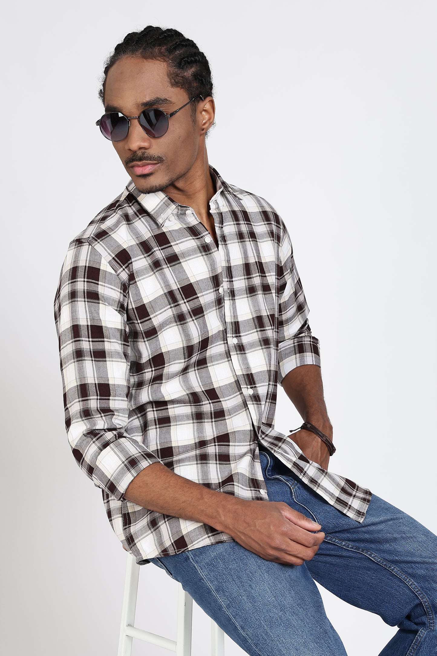 Regular Fit White Shirt with Brown & Black Tartan Checks