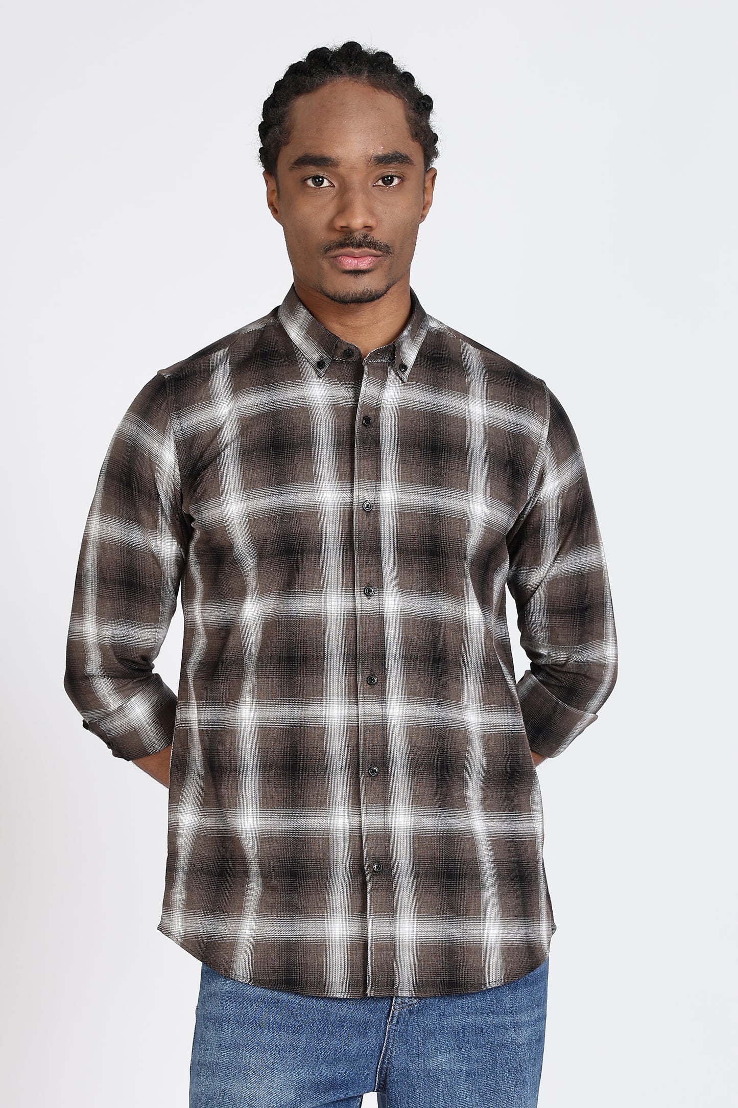 Regular Fit Checkered Design Cotton Brown & White Shirt