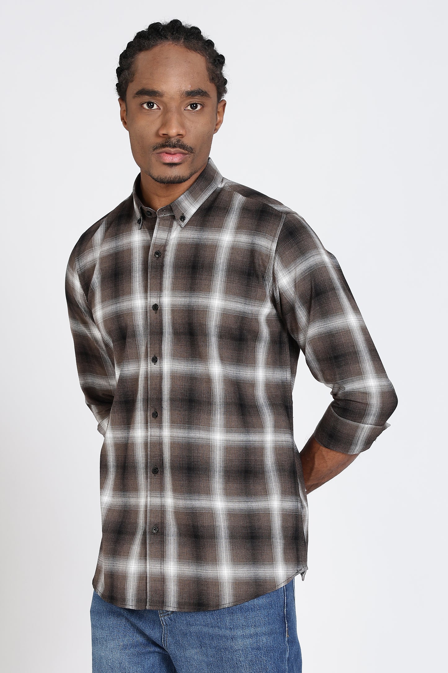 Regular Fit Checkered Design Cotton Brown & White Shirt