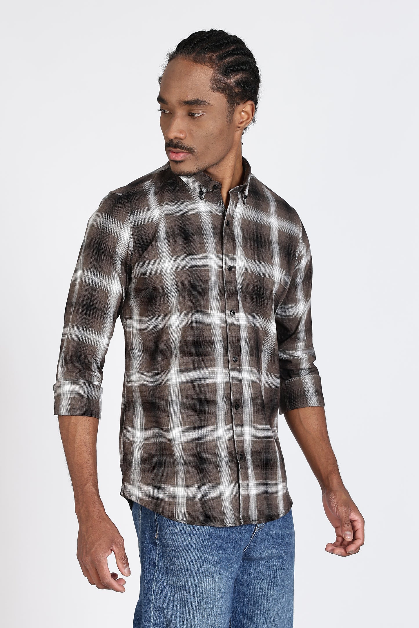 Regular Fit Checkered Design Cotton Brown & White Shirt
