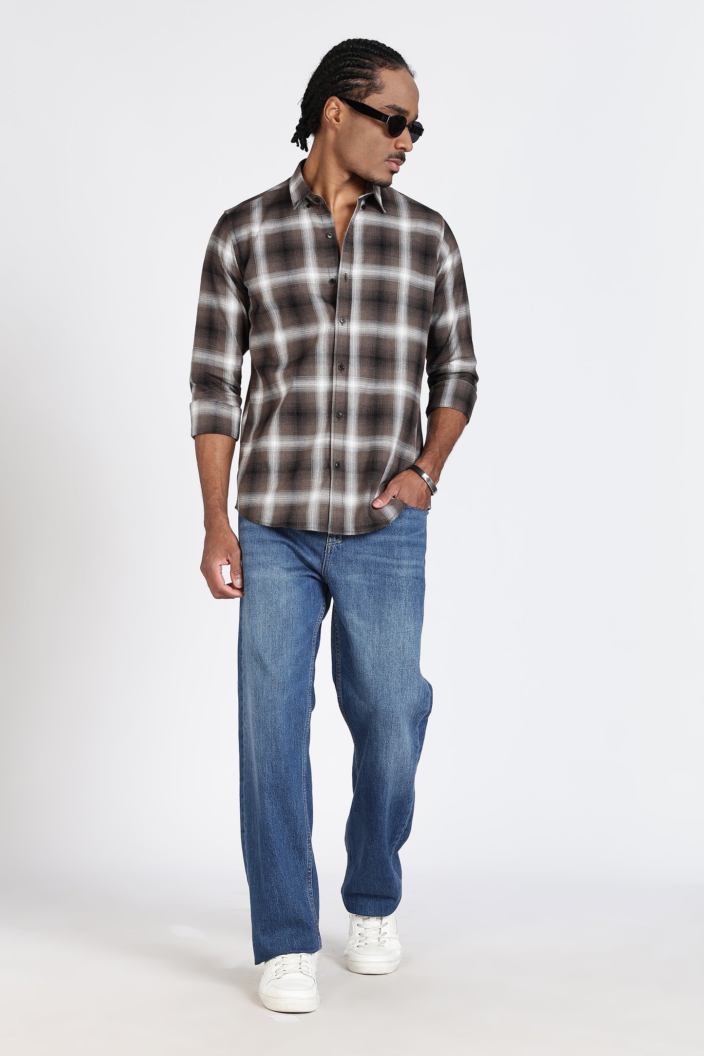 Regular Fit Checkered Design Cotton Brown & White Shirt
