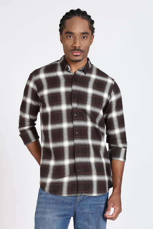 Regular Fit Brown Windowpane Checked Shirt