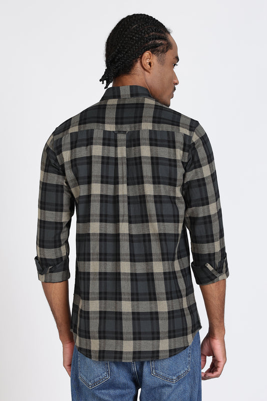 Regular Fit Charcoal Olive Plaid Checked Shirt
