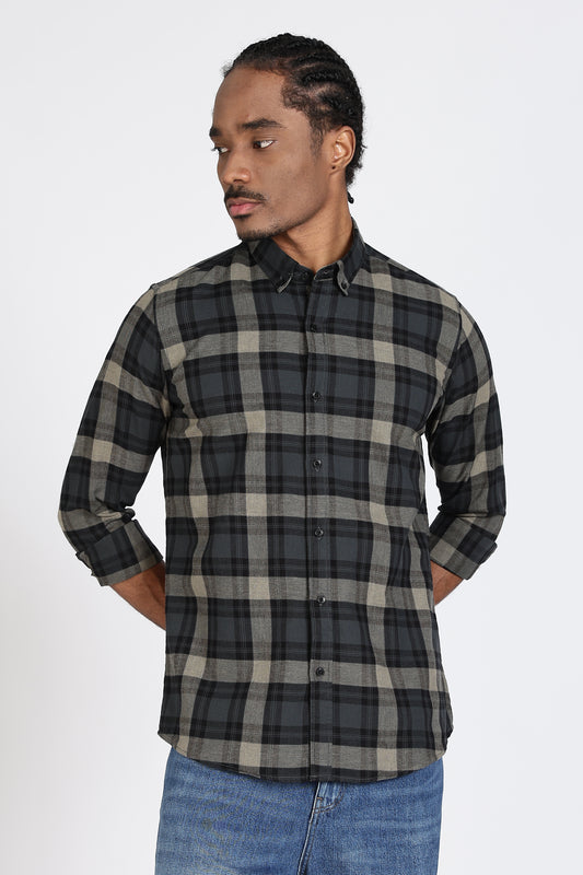 Regular Fit Charcoal Olive Plaid Checked Shirt