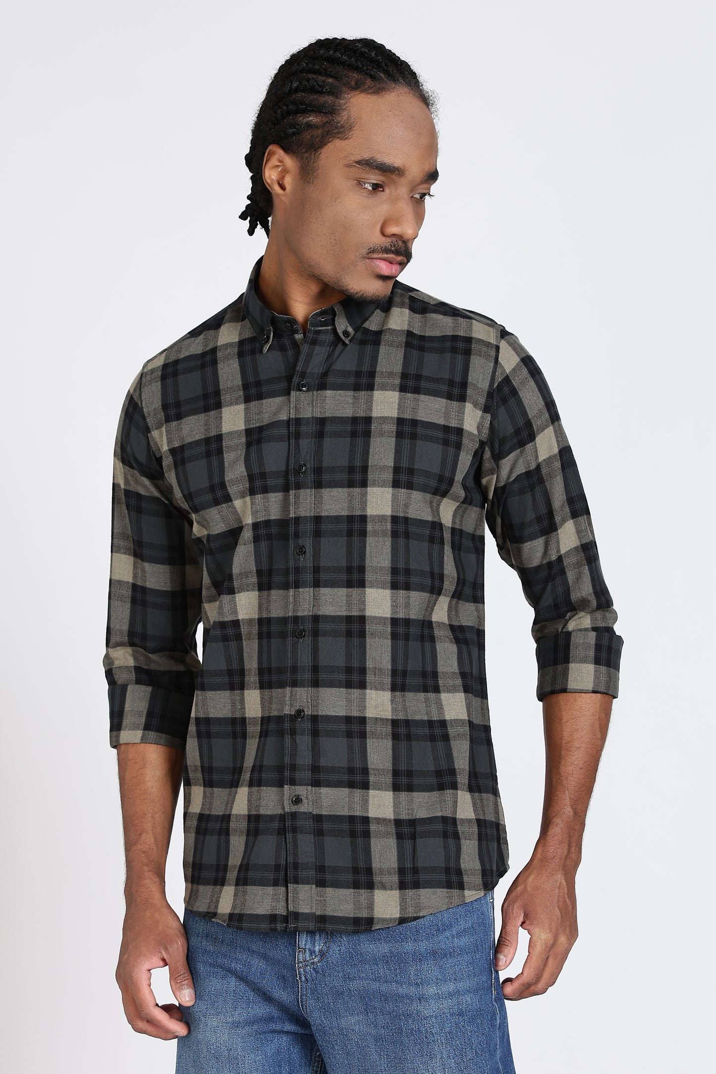 Regular Fit Charcoal Olive Plaid Checked Shirt