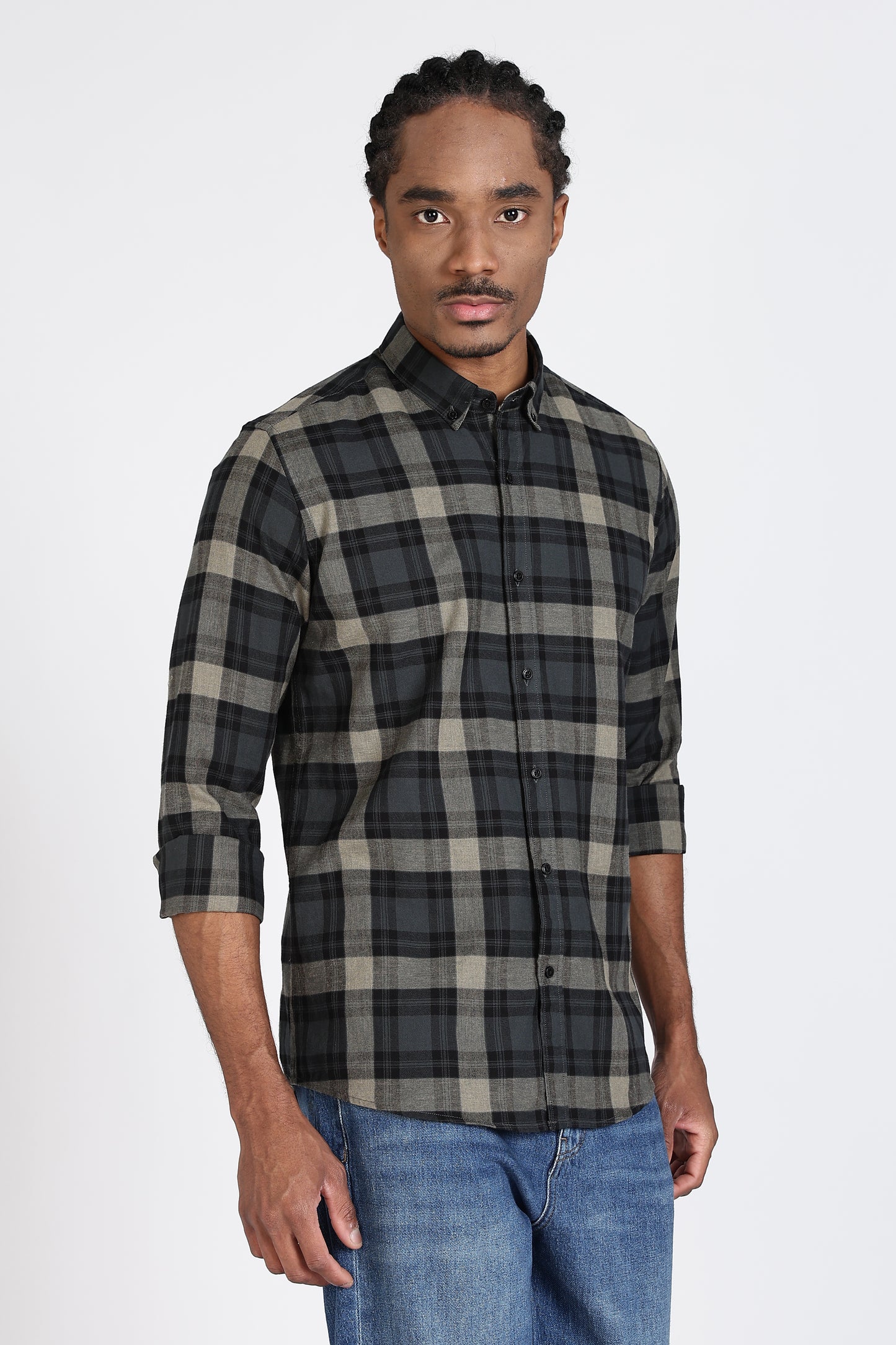 Regular Fit Charcoal Olive Plaid Checked Shirt