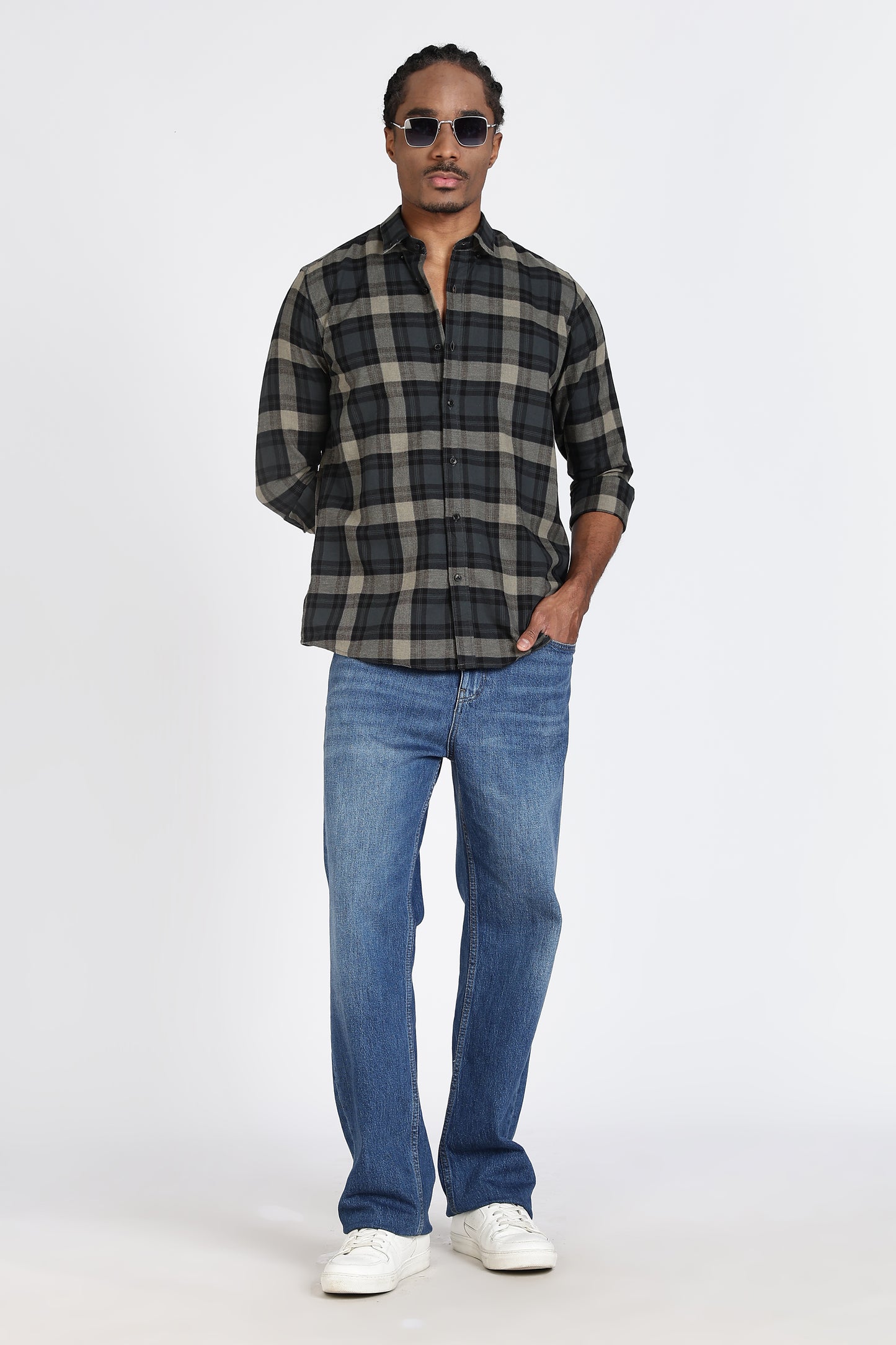Regular Fit Charcoal Olive Plaid Checked Shirt