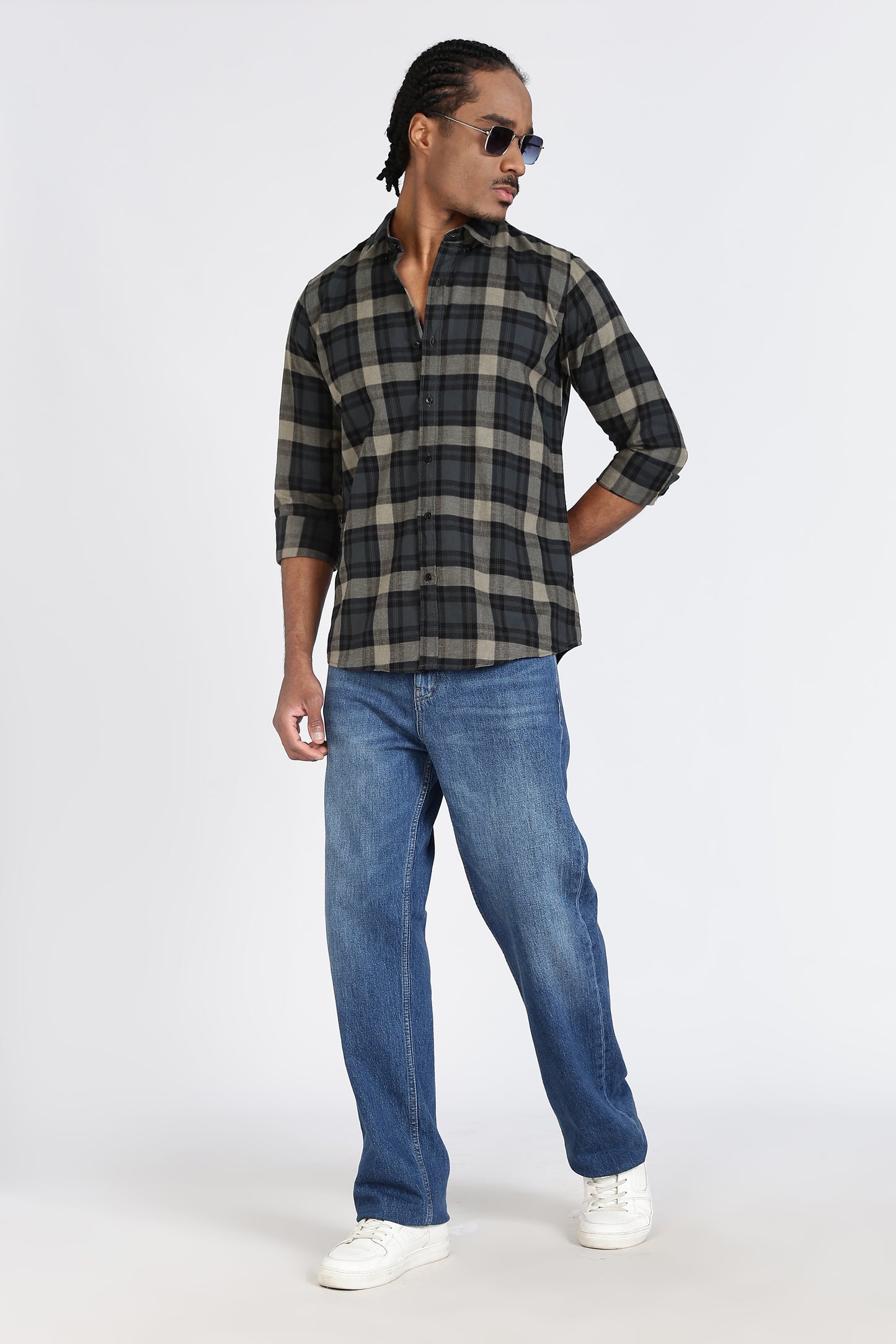 Regular Fit Charcoal Olive Plaid Checked Shirt