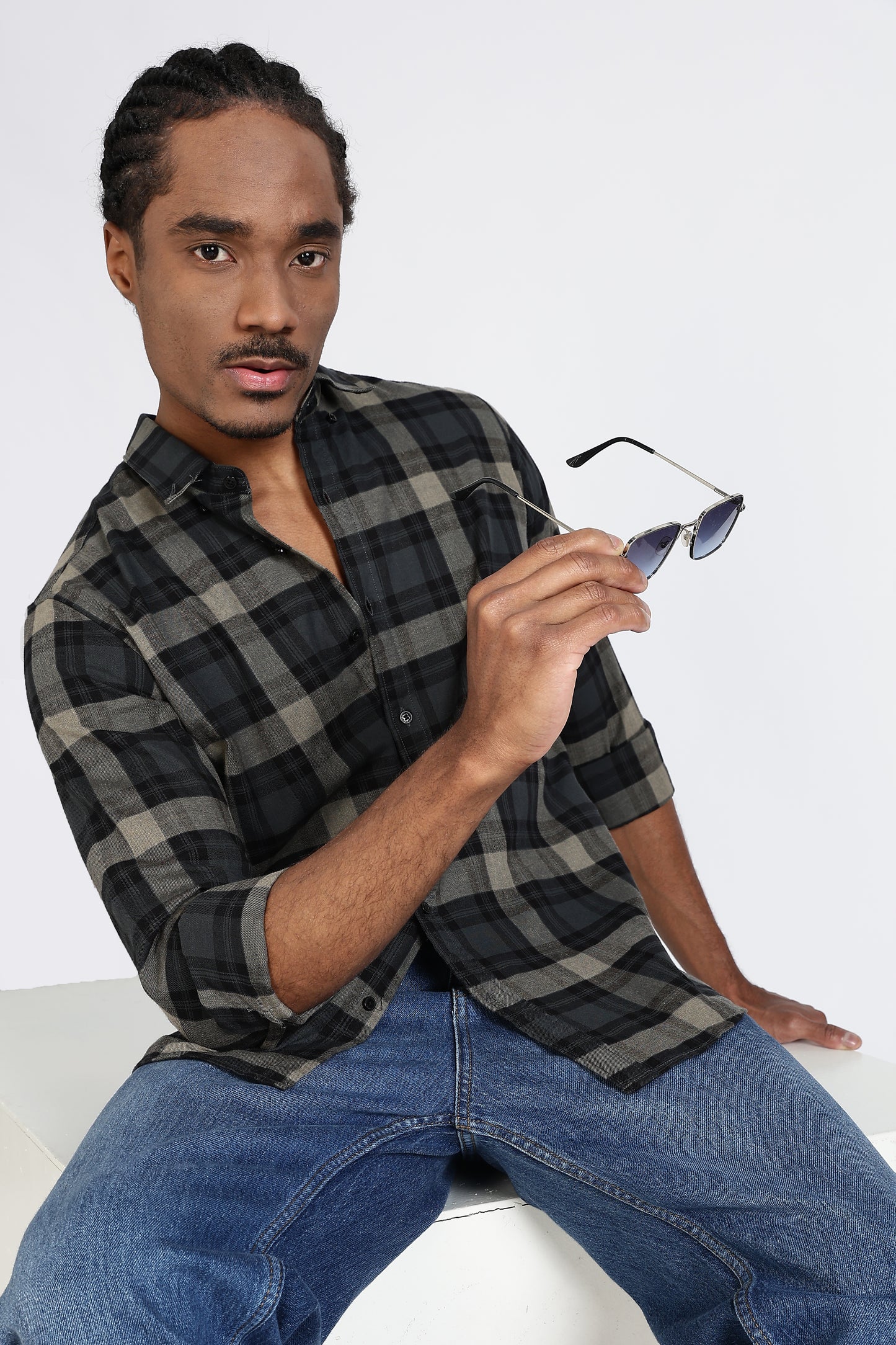 Regular Fit Charcoal Olive Plaid Checked Shirt