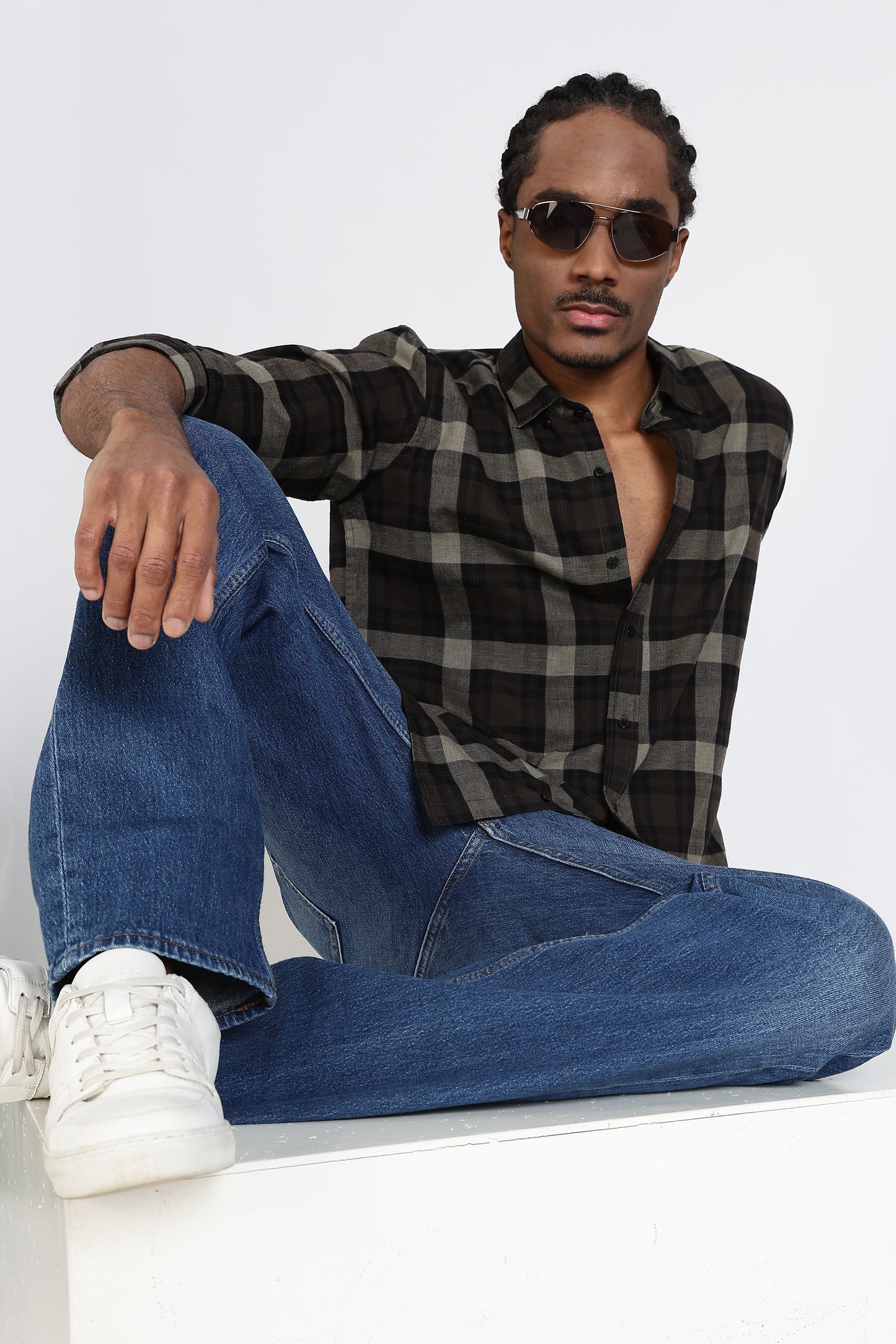 Regular Fit Black Olive Plaid Checked Shirt
