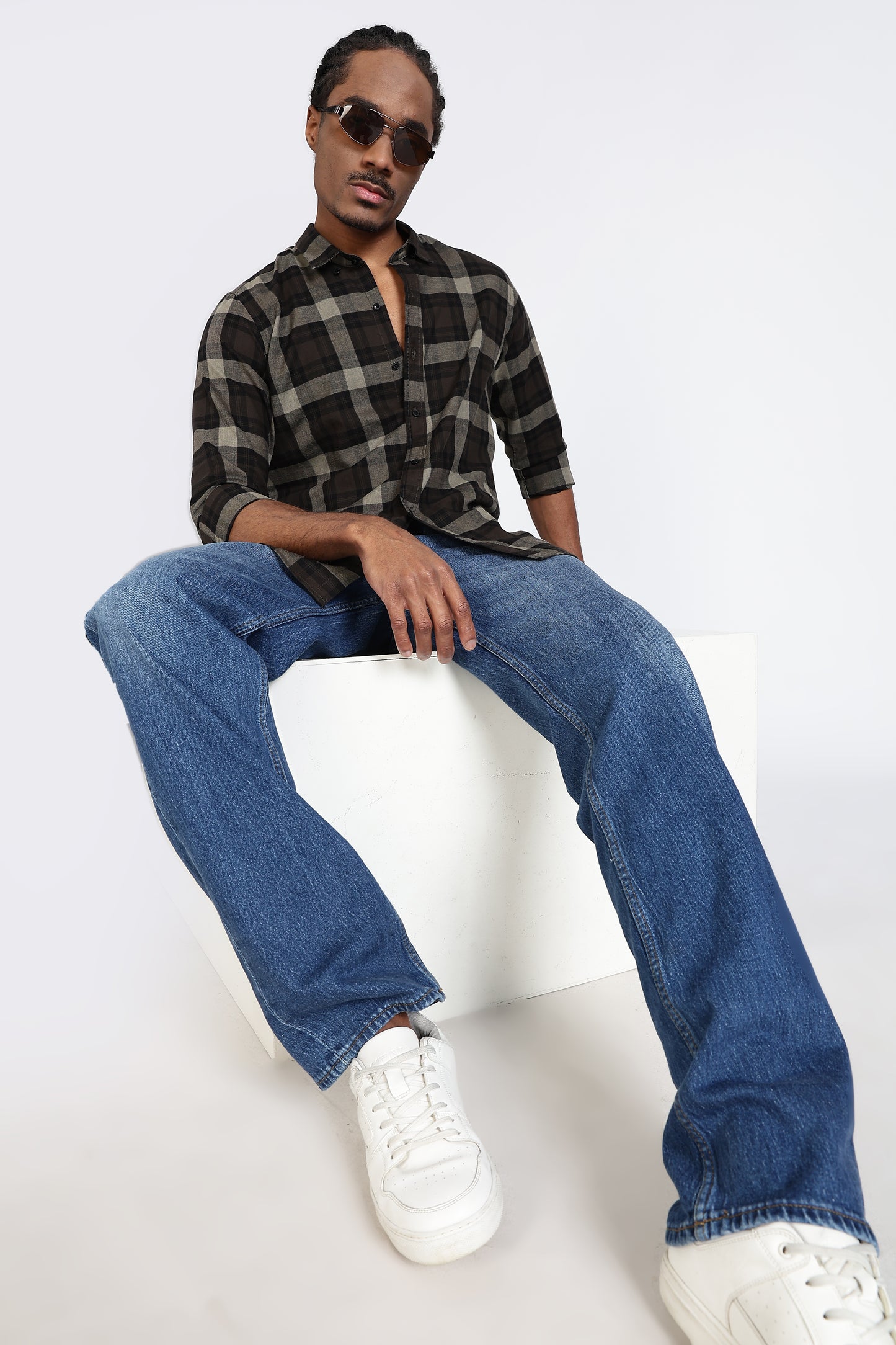 Regular Fit Black Olive Plaid Checked Shirt
