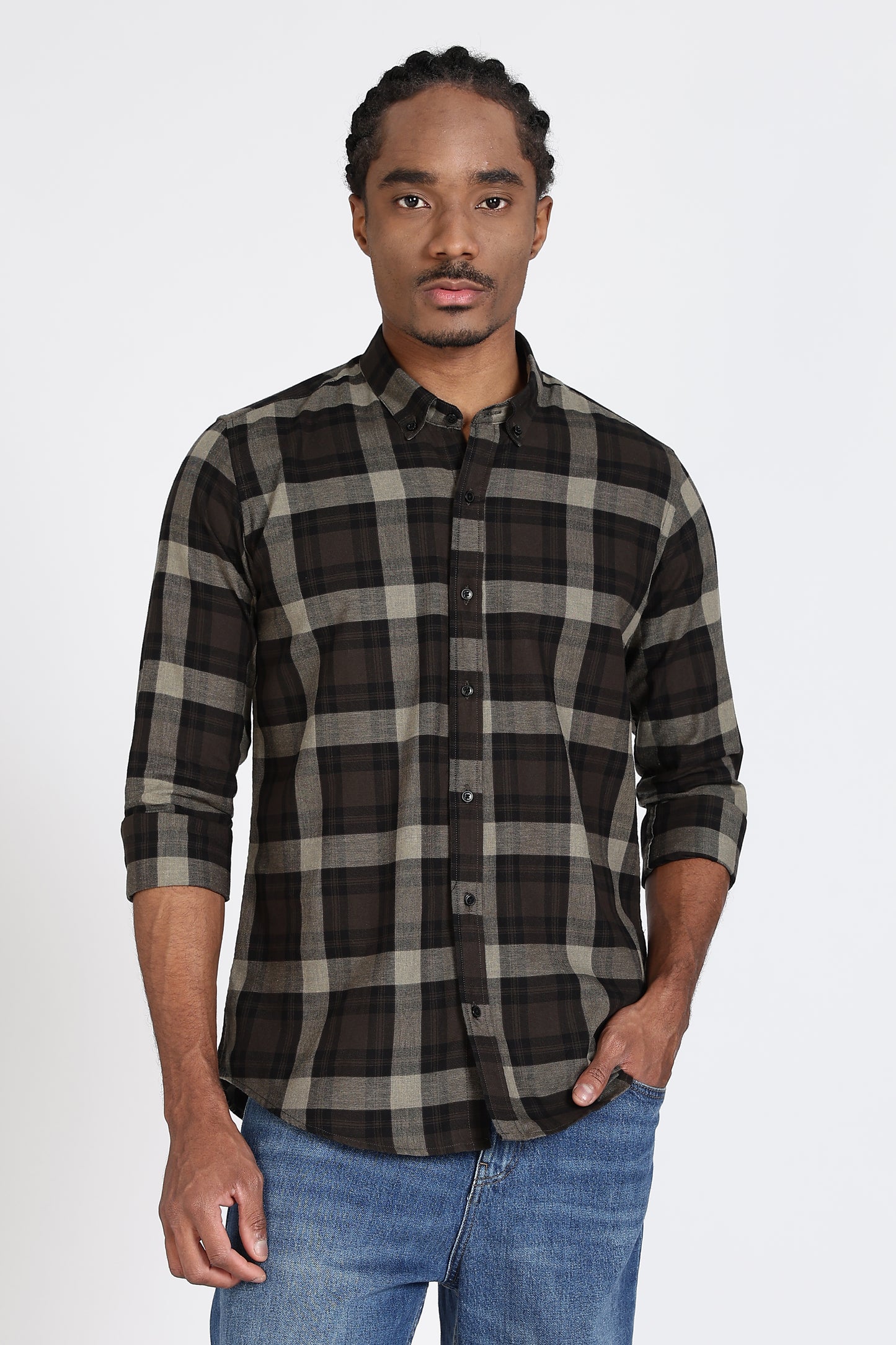 Regular Fit Black Olive Plaid Checked Shirt